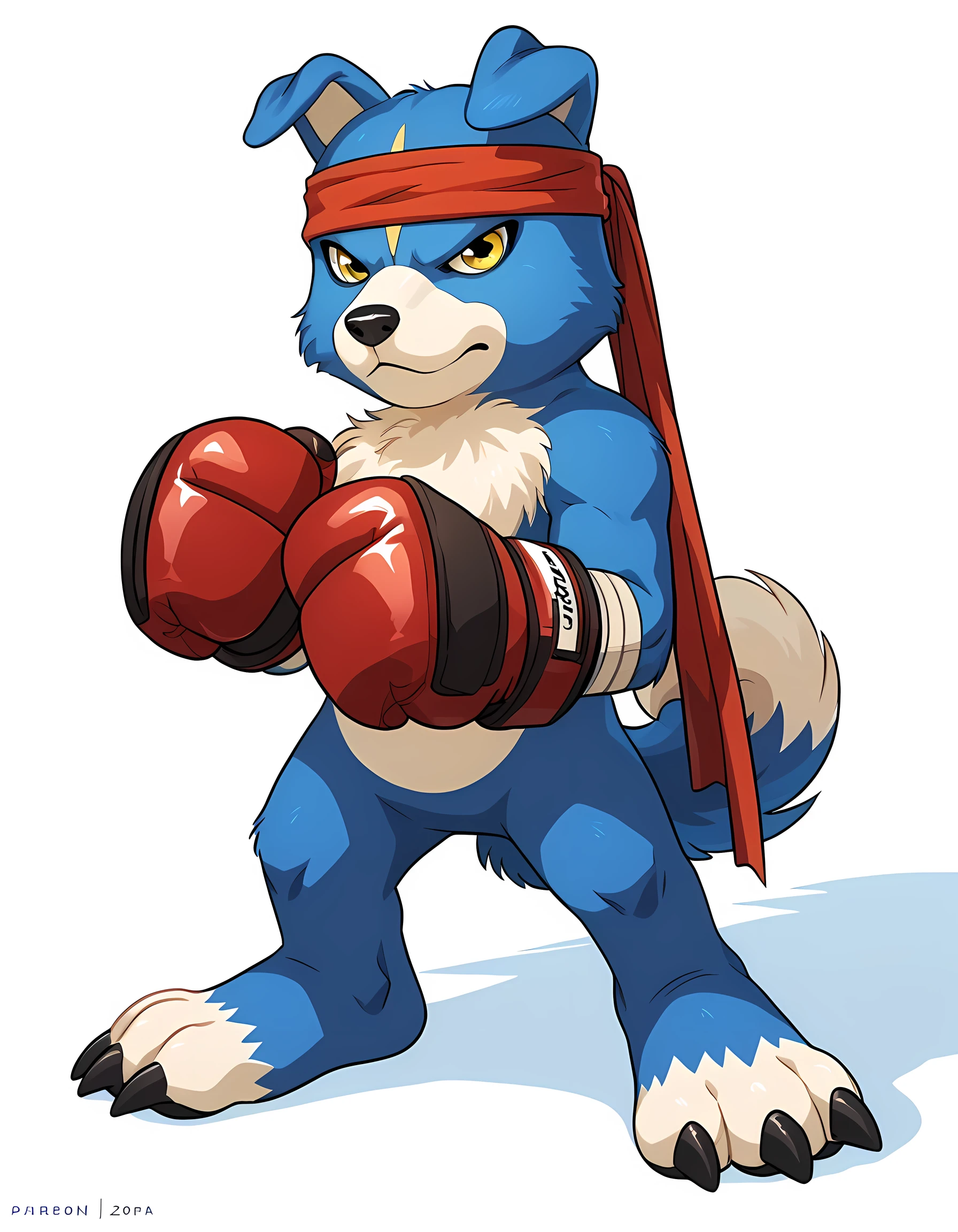 source_anime, cartoon, gaomon (character), digimon (creature), dog boy, blue body, headband, yellow eyes, boxing gloves, white background, detailed, (cel shaded, flat colors):1.5, full body, by wfa, by negger, confident, strong posture, wide stance, muscular legs