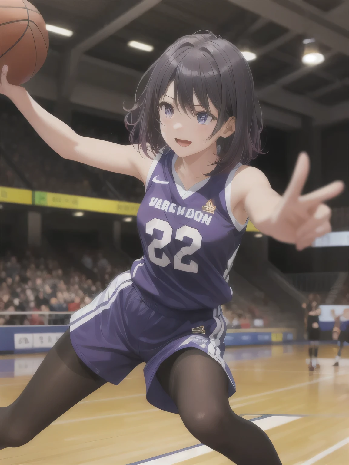 A young female basketball player performing a vivid jump shot. She holds the ball firmly in both hands, aiming for the goal with perfect form. Her slim basketball uniform accentuates her toned body, and black high socks add a stylish contrast. Her carefully braided black hair sways gently as she jumps, with purple eyes expressing intense concentration. The polished wooden floor of the brightly lit gymnasium enhances the atmosphere, capturing the strength, elegance, and beauty of the sport.  ((masterpiece)),( top quality ), Official Art ,extremely delicate and beautiful, very detailed CG,unity 8k 壁紙, super detailed , beautiful detailed eyes, extremely detailed face, smile, black hair, medium hair, gradient purple hair ,Diagonal bangs, Grey Eyes ,medium breasts, black pantyhose, 30-year-old woman。