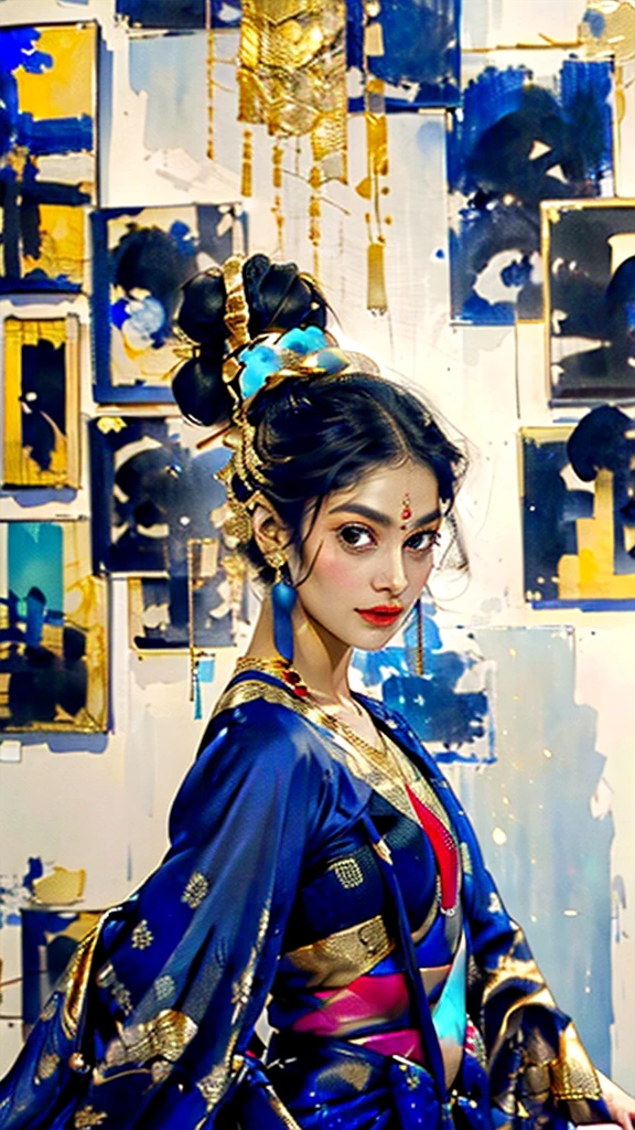 A stylized realistic illustration, best quality, full body portrait in the style of James Gurney, showcasing an elegant Indian woman with (warm brown skin:1.2), (kind eyes:1.2), and (sleek black hair:1.3) styled in a classic bun. She wears a (sapphire blue silk saree:1.4) with (intricate gold zari work:1.3) that shimmers as she moves. The saree drapes gracefully around her, accentuating her figure and creating a sense of fluid movement. She stands confidently, slightly off-center, in a (modern art gallery:1.5), surrounded by abstract paintings and sculptures. The lighting is soft and diffused, reminiscent of Gurney's portraits, highlighting the richness of the saree's color and the intricate details of the zari work. The linework is smooth and flowing, with a subtle suggestion of brushstrokes, capturing the elegance and grace of the subject. The overall mood is one of sophisticated beauty, confidence, and timeless elegance. Keywords: Indian woman, warm brown skin, kind eyes, sleek black hair, classic bun, sapphire blue silk saree, intricate gold zari work, fluid movement, modern art gallery, abstract paintings, sculptures, soft diffused lighting, smooth linework, sophisticated beauty, confidence, timeless elegance, full body portrait. Art styles: James Gurney, Art Deco, Impressionism Additional parameters: --ar 3:2 --zoom 1.8 --style expressive --lighting soft
