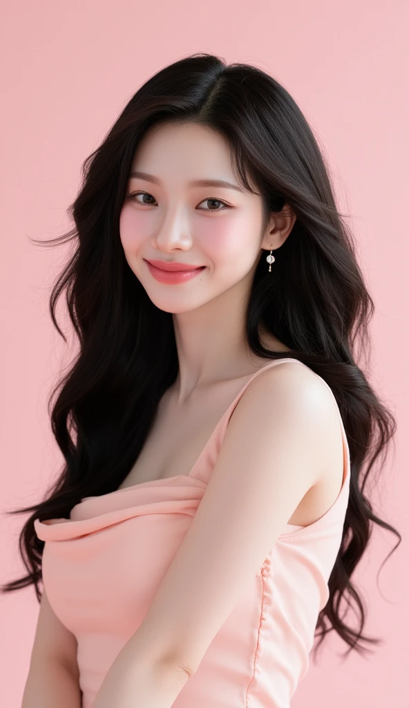  Create an image of a young woman with long hair ,  wavy black hair cascading over her shoulders.  She is wearing soft pink ,  with big breasts,  giving a blow job, sexy,  sleeveless dress,   complementing her elegant and balanced appearance . The background is pastel pink ,  highlighting the soft and feminine atmosphere  .  Her expression is warm and composed , with a slight smile.  The overall mood is refined and graceful ,  focusing on simplicity and beauty .  