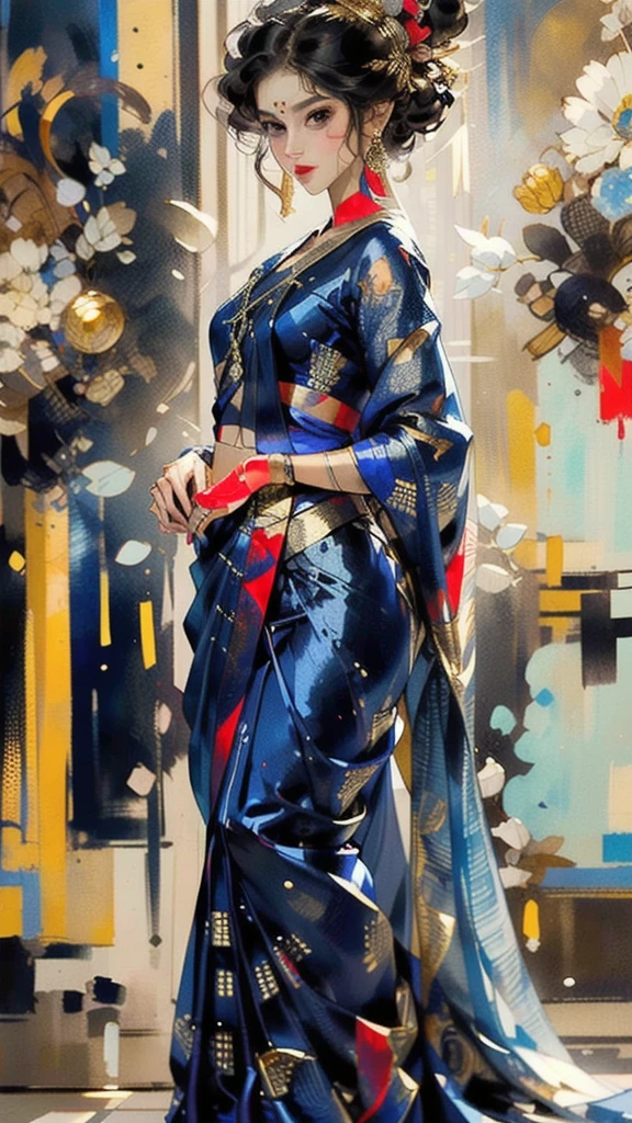 A stylized realistic illustration, best quality, full body portrait in the style of James Gurney, showcasing an elegant Indian woman with (warm brown skin:1.2), (kind eyes:1.2), and (sleek black hair:1.3) styled in a classic bun. She wears a (sapphire blue silk saree:1.4) with (intricate gold zari work:1.3) that shimmers as she moves. The saree drapes gracefully around her, accentuating her figure and creating a sense of fluid movement. She stands confidently, slightly off-center, in a (modern art gallery:1.5), surrounded by abstract paintings and sculptures. The lighting is soft and diffused, reminiscent of Gurney's portraits, highlighting the richness of the saree's color and the intricate details of the zari work. The linework is smooth and flowing, with a subtle suggestion of brushstrokes, capturing the elegance and grace of the subject. The overall mood is one of sophisticated beauty, confidence, and timeless elegance. Keywords: Indian woman, warm brown skin, kind eyes, sleek black hair, classic bun, sapphire blue silk saree, intricate gold zari work, fluid movement, modern art gallery, abstract paintings, sculptures, soft diffused lighting, smooth linework, sophisticated beauty, confidence, timeless elegance, full body portrait. Art styles: James Gurney, Art Deco, Impressionism Additional parameters: --ar 3:2 --zoom 1.8 --style expressive --lighting soft
