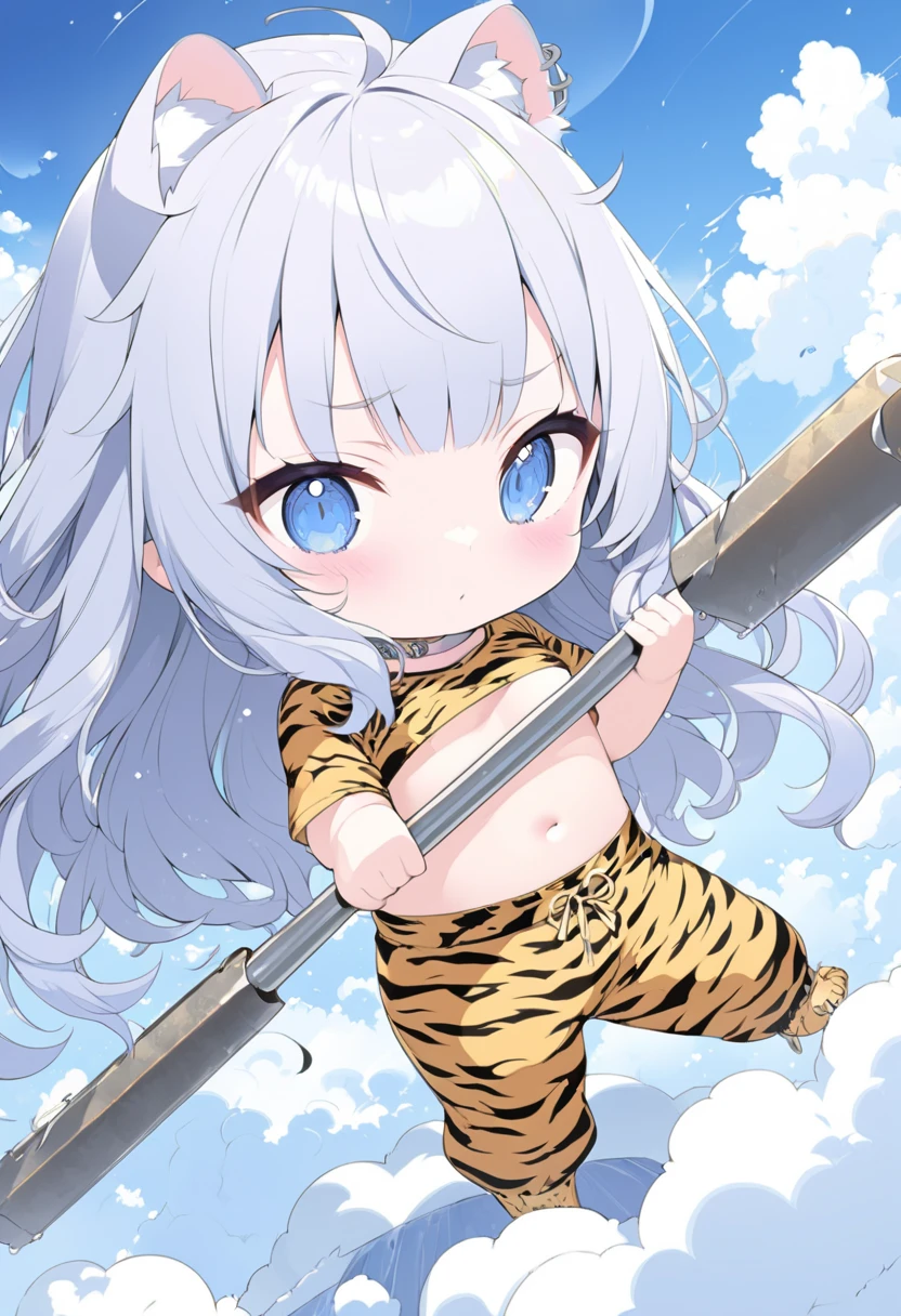 Chibi, girl of thunder hiding on cloud and observing the ground, tiny horns, tiger print crop shirt, tiger print pants, carrying metal club, fluffy clouds, clear blue background, fairy tale fantasy anime illustration art, ultra detailed, absolutely resolution, masterpiece