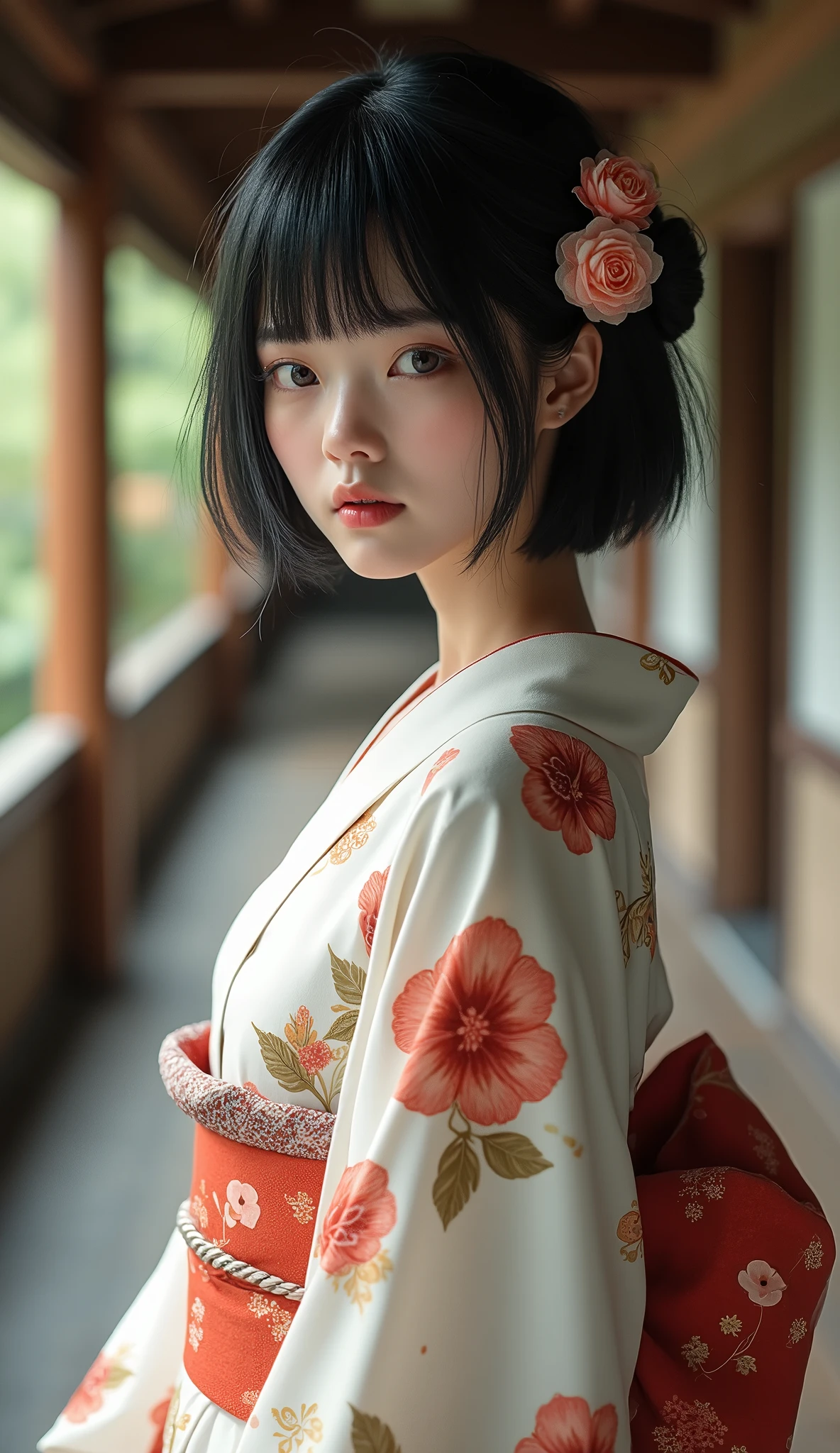  top quality 、masterpiece、 high definition 、((( full body angle1:1.7、 full body angle、barefoot、Pedicure)))、Beautiful appearance 、８ｋ、solo、 beautiful women、((( beautiful black hair 、Short bangs、 princess cut:1.37、 straight long hair:1.7)))、 super detailed _face_Eye、 very cute、 one eye is hidden by hair、Beautiful floral hair ornament、(((Yukata、A yukata with a camellia pattern on a white background :1.7)))、 Wabi Sabi Art 、tasteful art 、(((An old Japanese hot spring inn 、Walking the hallway)))