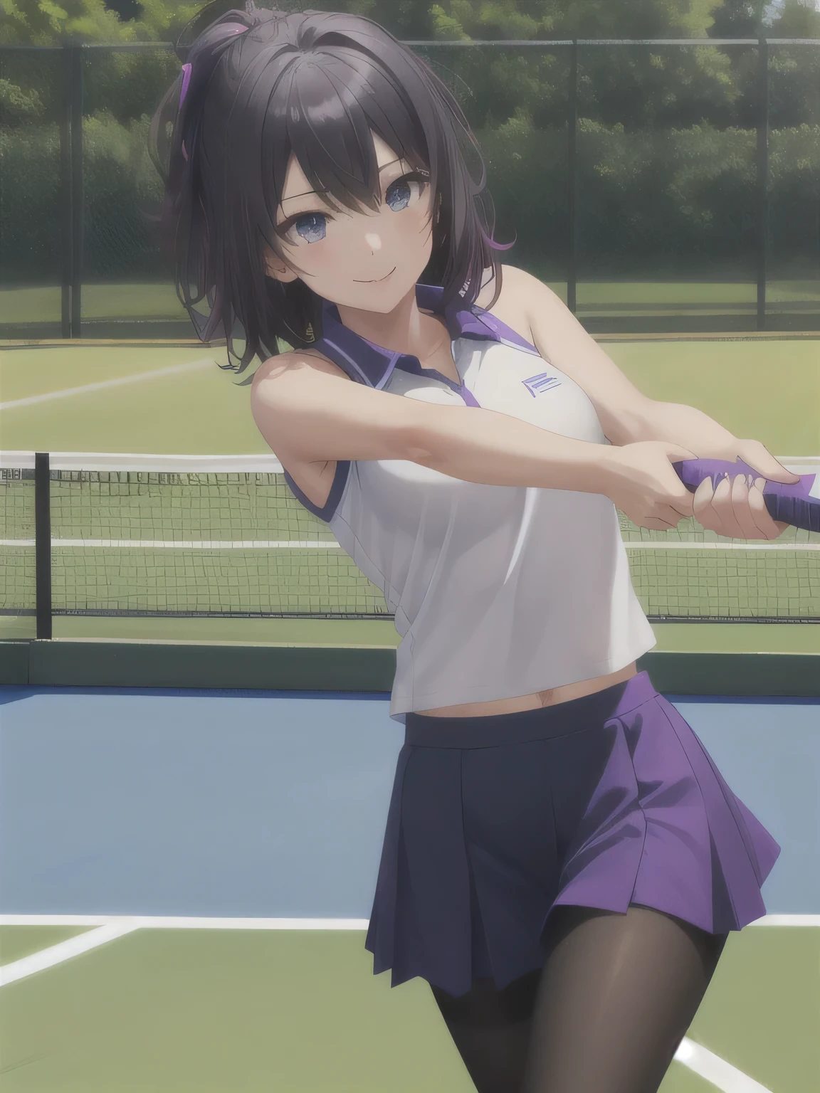 She is wearing a blue tennis outfit, with her white undergarments visible. She holds a single tennis racket with both hands in a poised and focused manner. The lush green grass tennis court stretches out in the background. This scene radiates elegance, power, and athletic skill.  ((masterpiece)),( top quality ), Official Art ,extremely delicate and beautiful, very detailed CG,unity 8k 壁紙, super detailed , beautiful detailed eyes, extremely detailed face, smile, black hair, medium hair, gradient purple hair ,Diagonal bangs, Grey Eyes ,medium breasts, black pantyhose, 30-year-old woman。