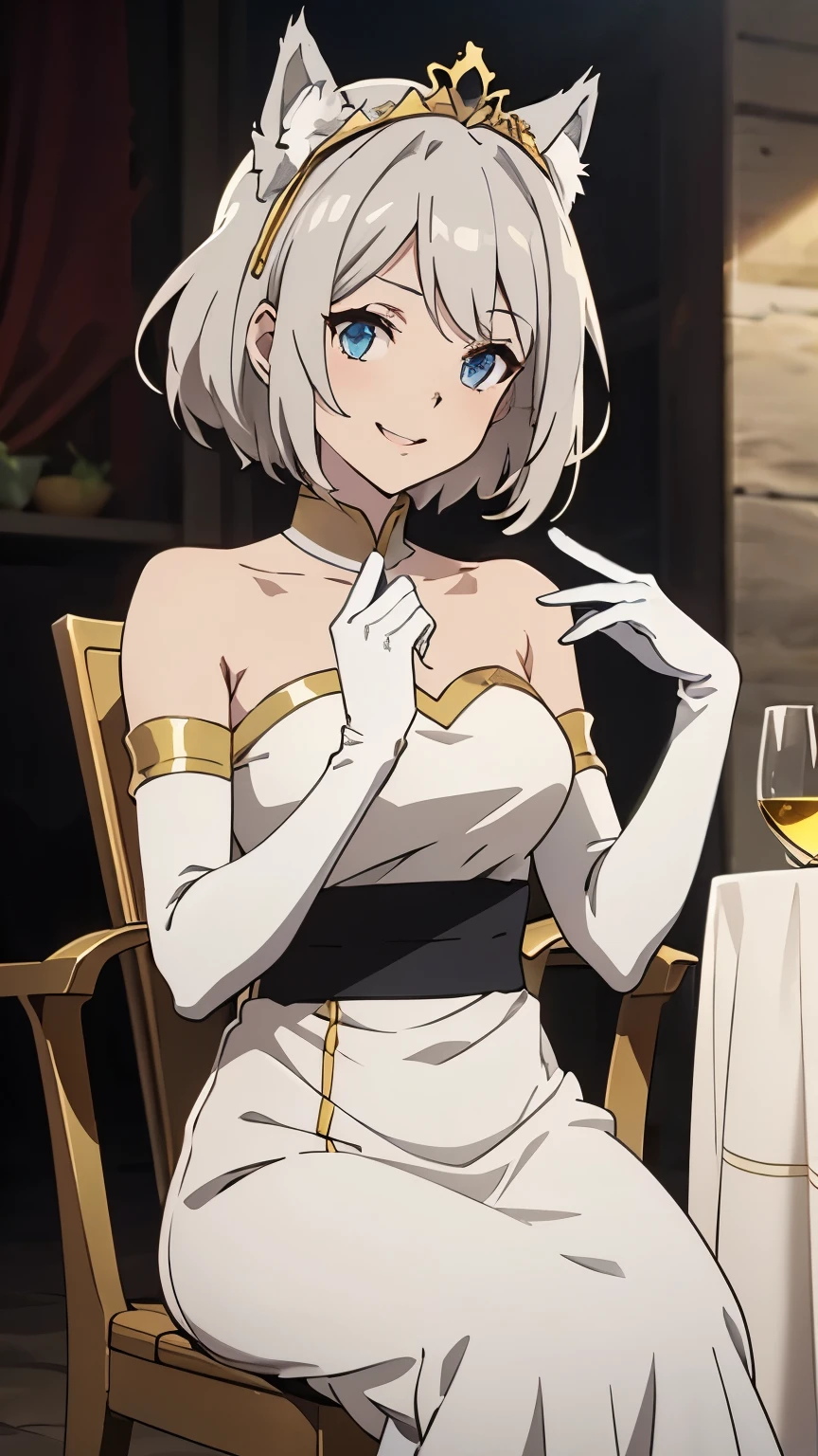  table top in bed　 high definition 　 top quality 　8k　  ADULT WOMEN 　 anime style 　white long gloves（ elbow gloves ）　White long dress（ strapless ）（gold decoration）　White wolf ears　Small Tiara　 short hair（（ shortcuts）（Grey Hair）（Perm）（Fluffy））　 blue eyes　 attractive face （（smile）（  Open Your Mouth ）（ red cheeks ））　sits on a chair　temple　