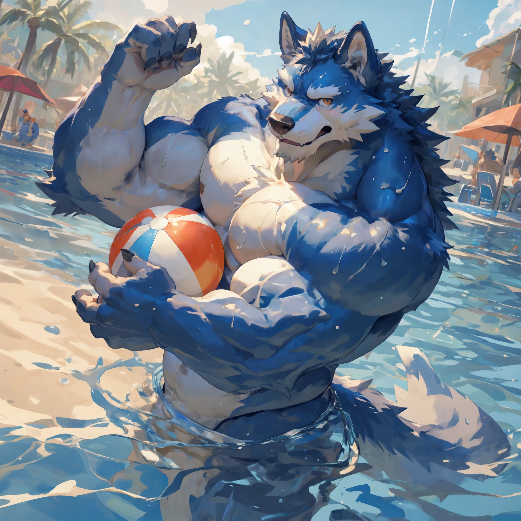 solo,masterpiece,high quality,half body shot,dutch angle,((detailed eyes)),furry male blue wolf,(((huge muscular))),huge body,anime,very sweating,nude,looking at viewer,swimwear,showing muscle,Playing with a beach ball,exaggerated pose,pool,by null-ghost,by pino daeni