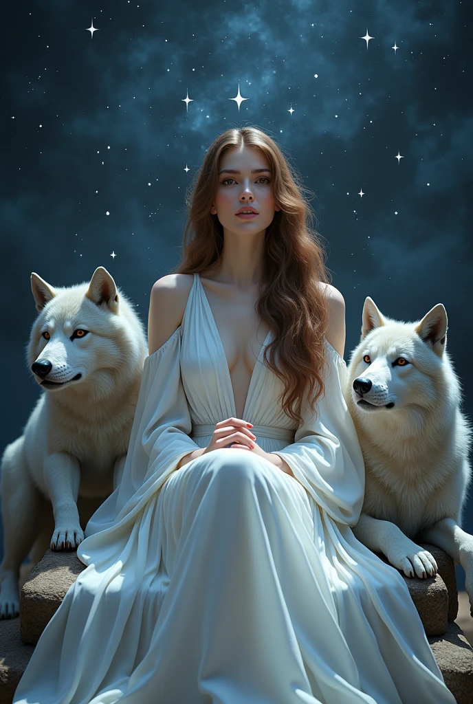 Goddess Venus de Milo and the Wolf, ((A white wolf stands next to a girl)), (huge wolf) , (a huge white wolf guards a beautiful young girl), The white wolf's fur glows with silver sparks, motion, running in front, forward bend, (Venus de Milo), (NSFW), a goddess, blue eyes, (VERY Young Girl), ((girl 16 years old)) lips ajar, blue eyes, Blonde girl, very long curly hair, board transparent, transparent air pay, silver collar, silver belt, greek sandals, silver sandals, starry sky background, A lot of stars, background Orion Nebula, Two moons, Orion Nebula, go star trek, the milky way is at your feet. Full Growth Photo, Panoramic view, (Masterpiece: 1.5) (Photorealistic: 1.1) (Best Quality) (detail skin texture, pores, hairsh: 1.1) (Intricate) (8K) (HDR) (wallpapers) (Cinematic lighting) (sharp-focus)