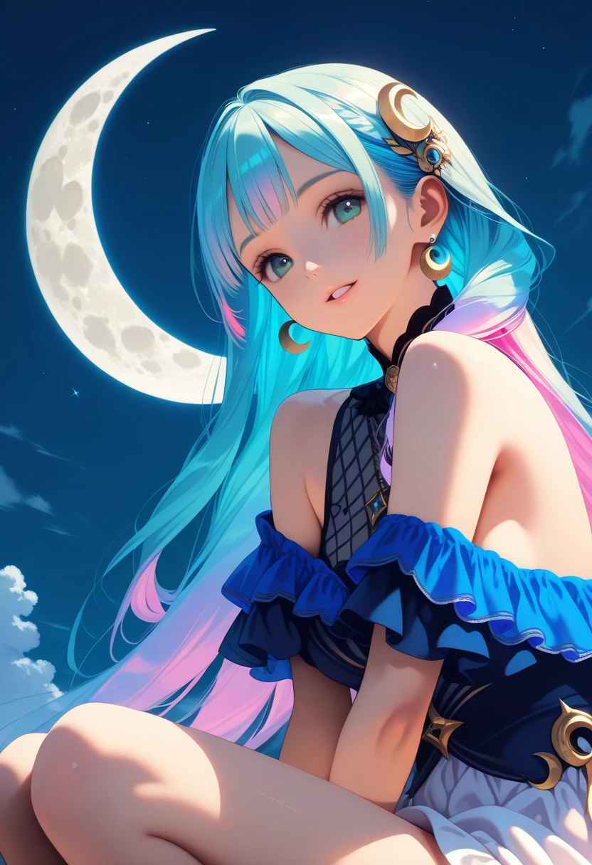 1girl,solo,bare shoulder,cyan hair,leaning on the moon, crescent moon, serene air, calm, multi colored hair, two colored clothes, random color