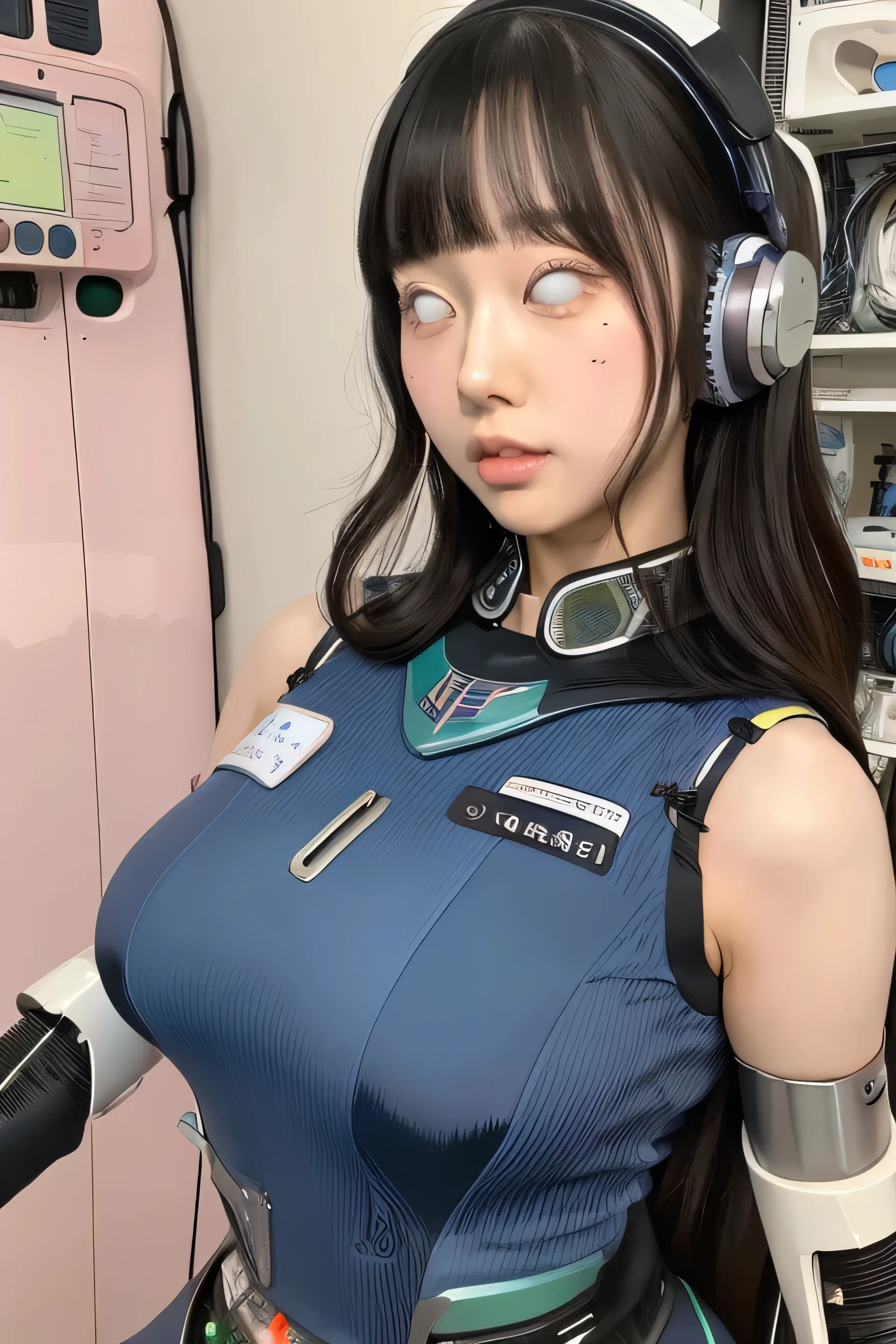 masterpiece, best quality, extremely detailed,portrait,front view,Japaese android girl,Plump,pastel color uniform, control panels,android,Droid,Mechanical Hand, Robot arms and legs,Blunt bangs,long tube,thick cable connected her neck,sex machine,shirome