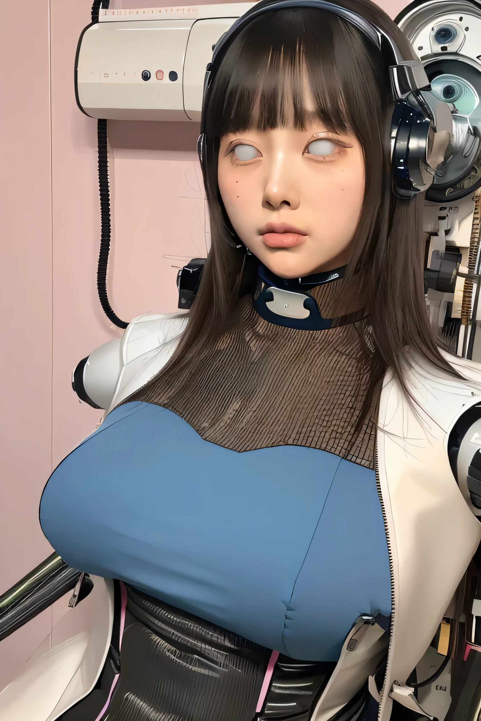 masterpiece, best quality, extremely detailed,portrait,front view,Japaese android girl,Plump,pastel color uniform, control panels,android,Droid,Mechanical Hand, Robot arms and legs,Blunt bangs,long tube,thick cable connected her neck,sex machine,shirome