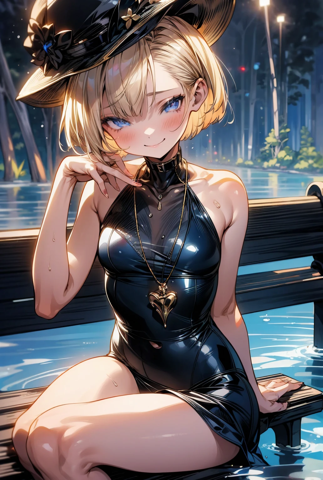 a bit, Warrior Girl, Black high leg swimsuit,bbserena, short hair, pink headwear, eyelashes, Blue eyes, neck ribbon, blue ribbon, sleeveless、Scared girl、shout、Convulsing with fear、独奏、Deep in the forest、Moonlit Night、(Best quality, 8k, 32K, Masterpiece, uhd:1.2) water nymph welcomes you to her underground kingdom, deep underground, subterranean, jewelry, clothed, sfw, ((Atlantis)), warm light, bioluminescent, smile, coral, moss, seabed, cave