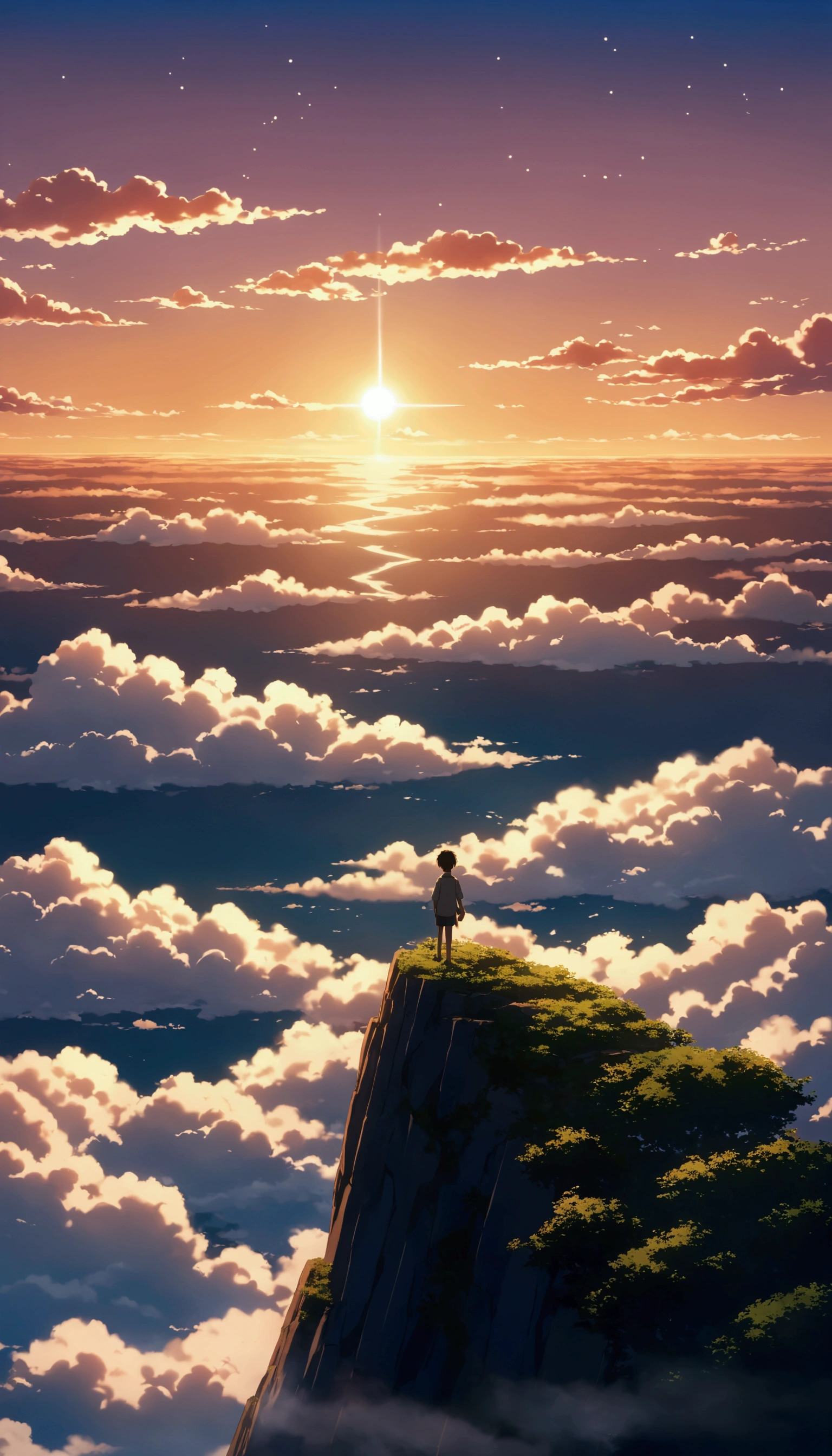 Fraction_9, Fraction_8_above, There is a sea of clouds realist !!!!!。,cloudy, Textured clouds anime-style a painting of a boy with arms outstretched### on the edge of an abyss !!! watching a vast sky , anime landscape, inspired by the brothers anime beautiful scene of peace , anime-realistic anime-realistic !!!!!!!!! nostalgic animated art background , Makoto Shinkai!!, anime movie background the best of seaart hd 8kImpressionism, summer, sunset, hyperrealistic-anime FulllUltra 8K , depth of field