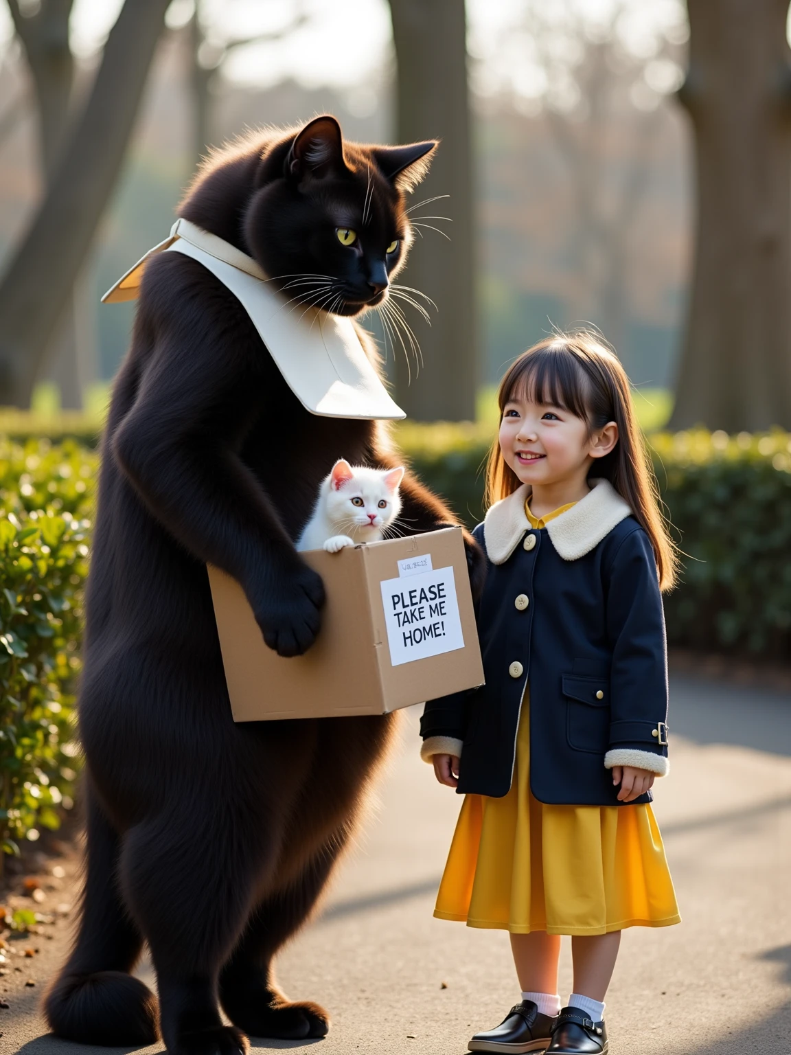 ultra-realistic, photorealistic, dramatic scene, shadow, global-illumination, (the human-like very large black cat wearing a white smock is standing holding a cardboard box in a park), (A white kitten is hiding in a cardboard box and its face peeking out), (The human-like black cat is wearing a white smock), (the very cute blonde haired Japanese kindergartener girl wearing a dark navy colored elegant coat with ivory wide collar with yellow skirt is standing with the black cat), the girl with long hair down, the girl look so happy, plants, trees, hedge, peaceful sunny winter day, A white piece of paper with "PLEASE TAKE ME HOME!" written on it is attached to a cardboard box