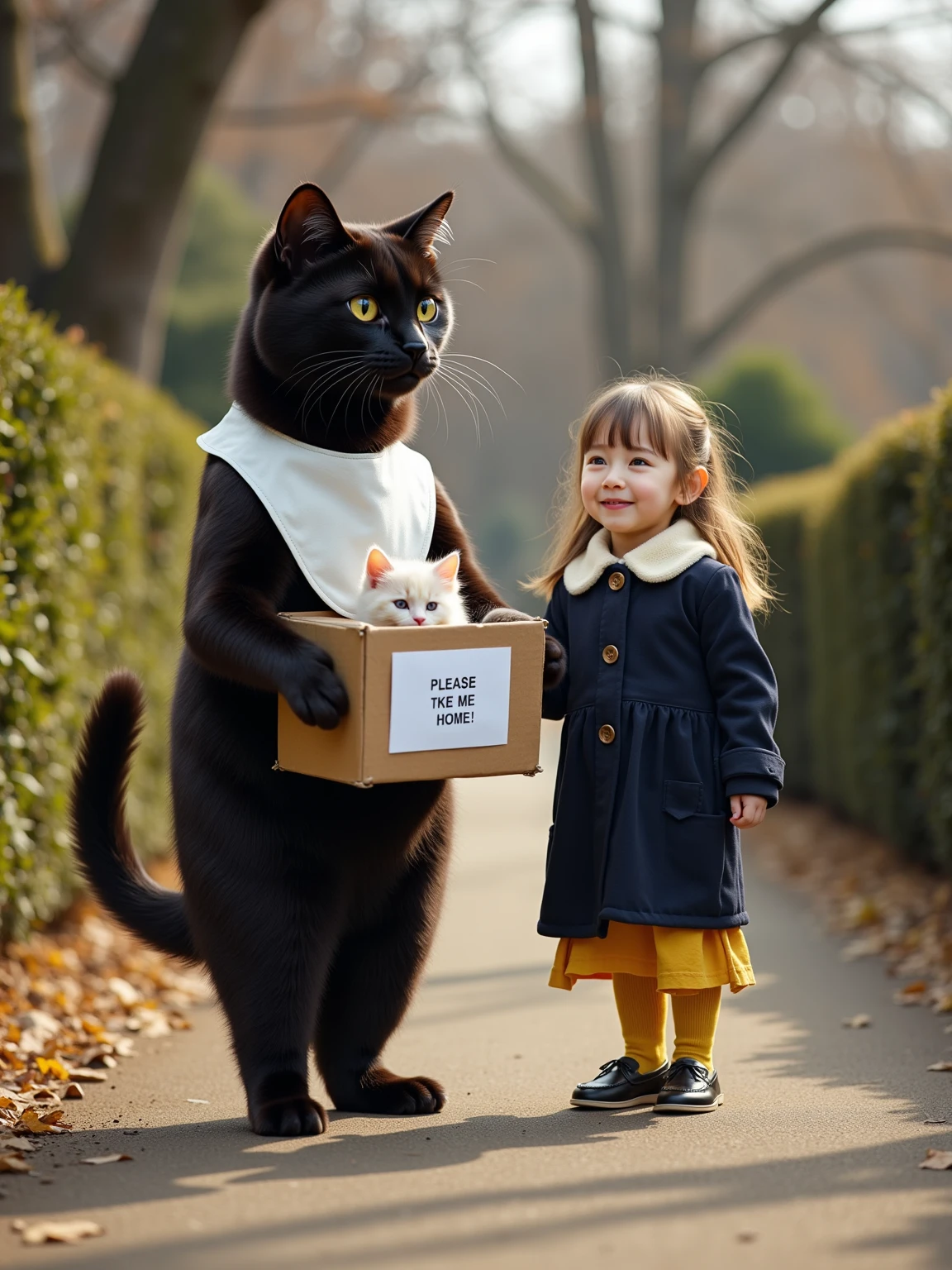 ultra-realistic, photorealistic, dramatic scene, shadow, global-illumination, (the human-like very large black cat wearing a white smock is standing holding a cardboard box in a park), (A white kitten is hiding in a cardboard box and its face peeking out), (The human-like black cat is wearing a white smock), (the very cute blonde haired Japanese kindergartener girl wearing a dark navy colored elegant coat with ivory wide collar with yellow skirt is standing with the black cat), the girl with long hair down, the girl look so happy, plants, trees, hedge, peaceful sunny winter day, A white piece of paper with "PLEASE TAKE ME HOME!" written on it is attached to a cardboard box