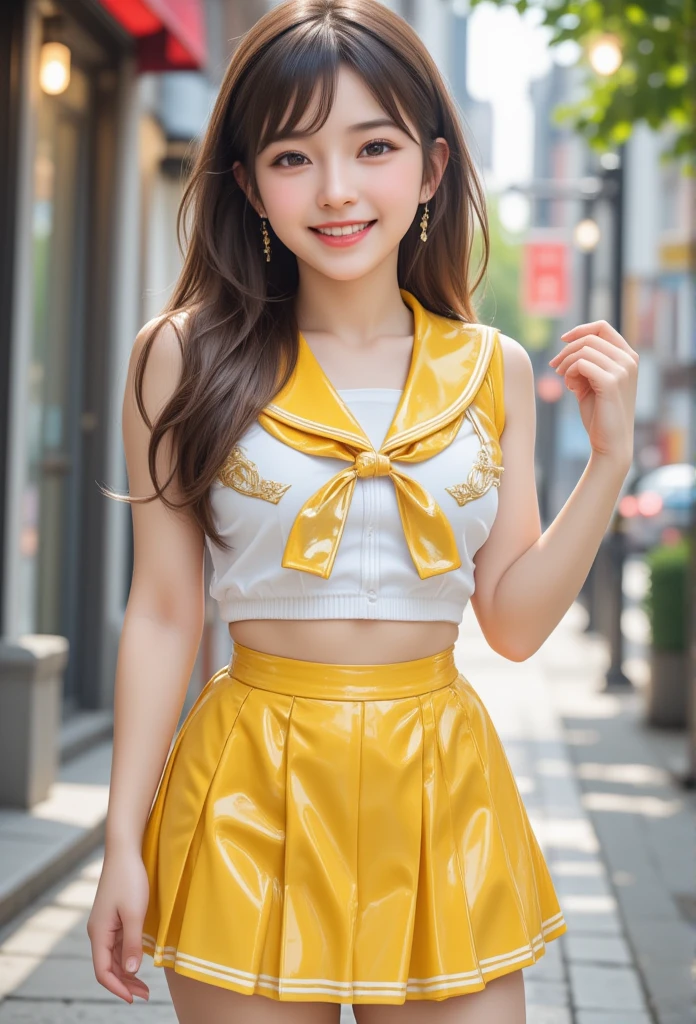 (super cute young face:1.5),(sparkling clear attractive large glowing eyes:1.5), (japanese idol face:1.5),very beautiful cute girl,(baby face:1.4),(thirteen  years old:1.4),exquisite smooth and silky long brown straight hair,fair skin,(happy cheerful smile),professional portrait,(realistic photograph:1.2),
(super shiny  metallic yellow and white latex sailor high school uniform:1.2),pleated skirt,
shiny metallic yellow sailor collar, happy cheerful smile,narrow waist,in the street,(very thin makeup)