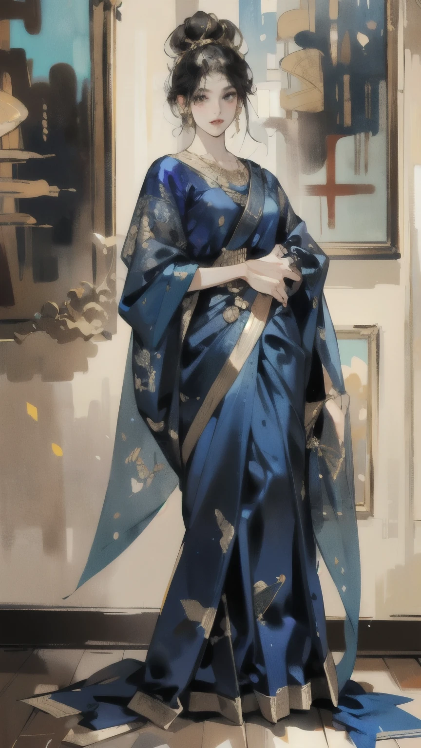 A stylized realistic illustration, best quality, full body portrait in the style of James Gurney, showcasing an elegant Indian woman with (warm brown skin:1.2), (kind eyes:1.2), and (sleek black hair:1.3) styled in a classic bun. She wears a (sapphire blue silk saree:1.4) with (intricate gold zari work:1.3) that shimmers as she moves. The saree drapes gracefully around her, accentuating her figure and creating a sense of fluid movement. She stands confidently, slightly off-center, in a (modern art gallery:1.5), surrounded by abstract paintings and sculptures. The lighting is soft and diffused, reminiscent of Gurney's portraits, highlighting the richness of the saree's color and the intricate details of the zari work. The linework is smooth and flowing, with a subtle suggestion of brushstrokes, capturing the elegance and grace of the subject. The overall mood is one of sophisticated beauty, confidence, and timeless elegance. Keywords: Indian woman, warm brown skin, kind eyes, sleek black hair, classic bun, sapphire blue silk saree, intricate gold zari work, fluid movement, modern art gallery, abstract paintings, sculptures, soft diffused lighting, smooth linework, sophisticated beauty, confidence, timeless elegance, full body portrait. Art styles: James Gurney, Art Deco, Impressionism Additional parameters: --ar 3:2 --zoom 1.8 --style expressive --lighting soft
