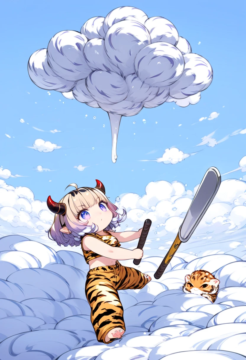 Chibi, girl of thunder hiding on cloud and observing the ground, tiny horns, tiger print crop shirt, tiger print pants, carrying metal club, fluffy clouds, clear blue background, fairy tale fantasy anime illustration art, ultra detailed, absolutely resolution, masterpiece