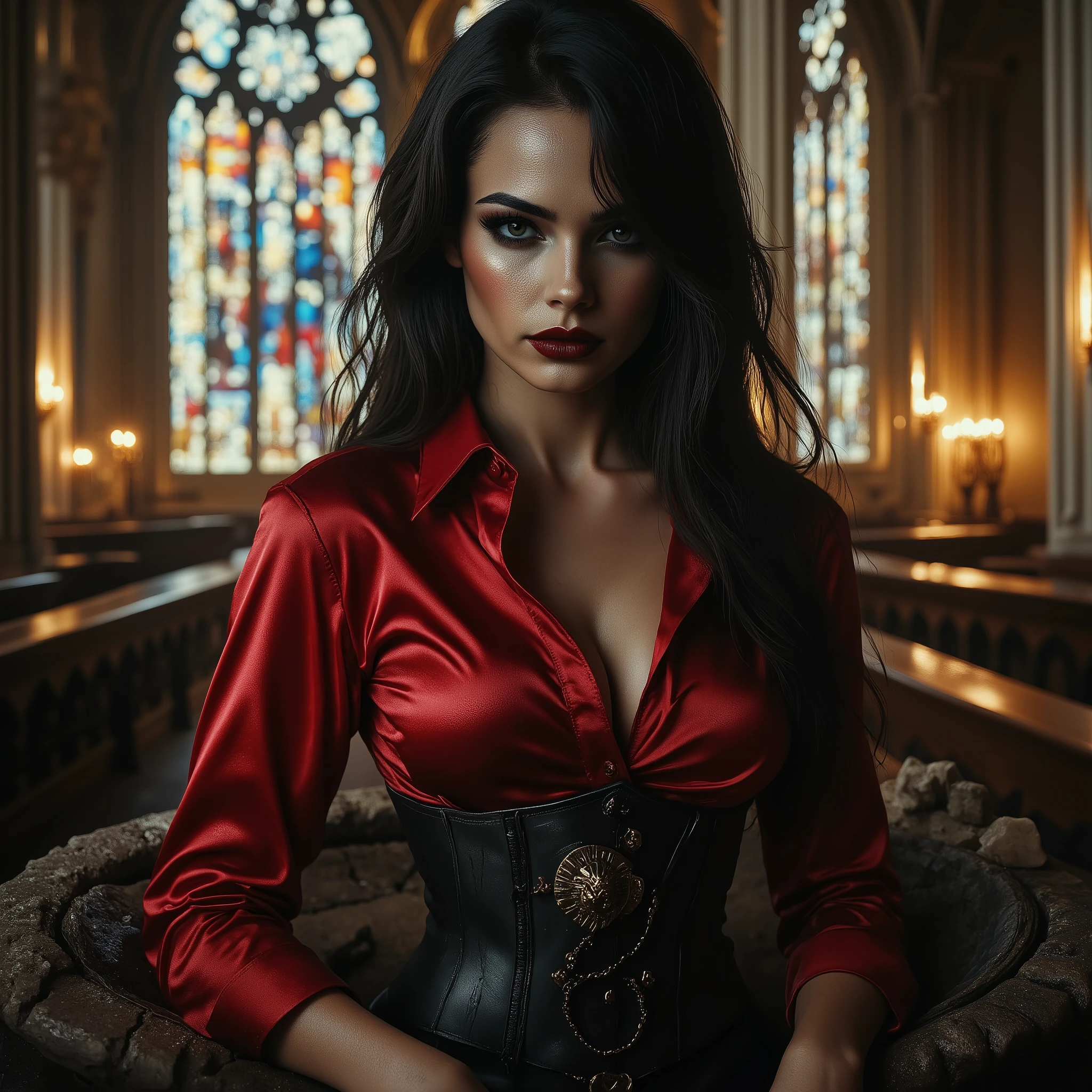Super Detailed, Lara Winter , dark hair, wearing red satin collared shirt, long sleeves, tight corset, latex pants, looking at viewer, sensual expression, fierce look, perfect make-up, cannon 6d, octane render, striking, expressive look, (smiling:1.3), alluring look, determined look, strong eyeliner, mesmerizing eyes, elegant, graceful, natural beauty, magnetic, charismatic, versatile, photogenic, backlit, Notre Dame Cathedral, Middle Ages Era Cathedral, illuminaty, secret society, stoned artifacts of Jesus Christ crucified, (sunset:1.3)