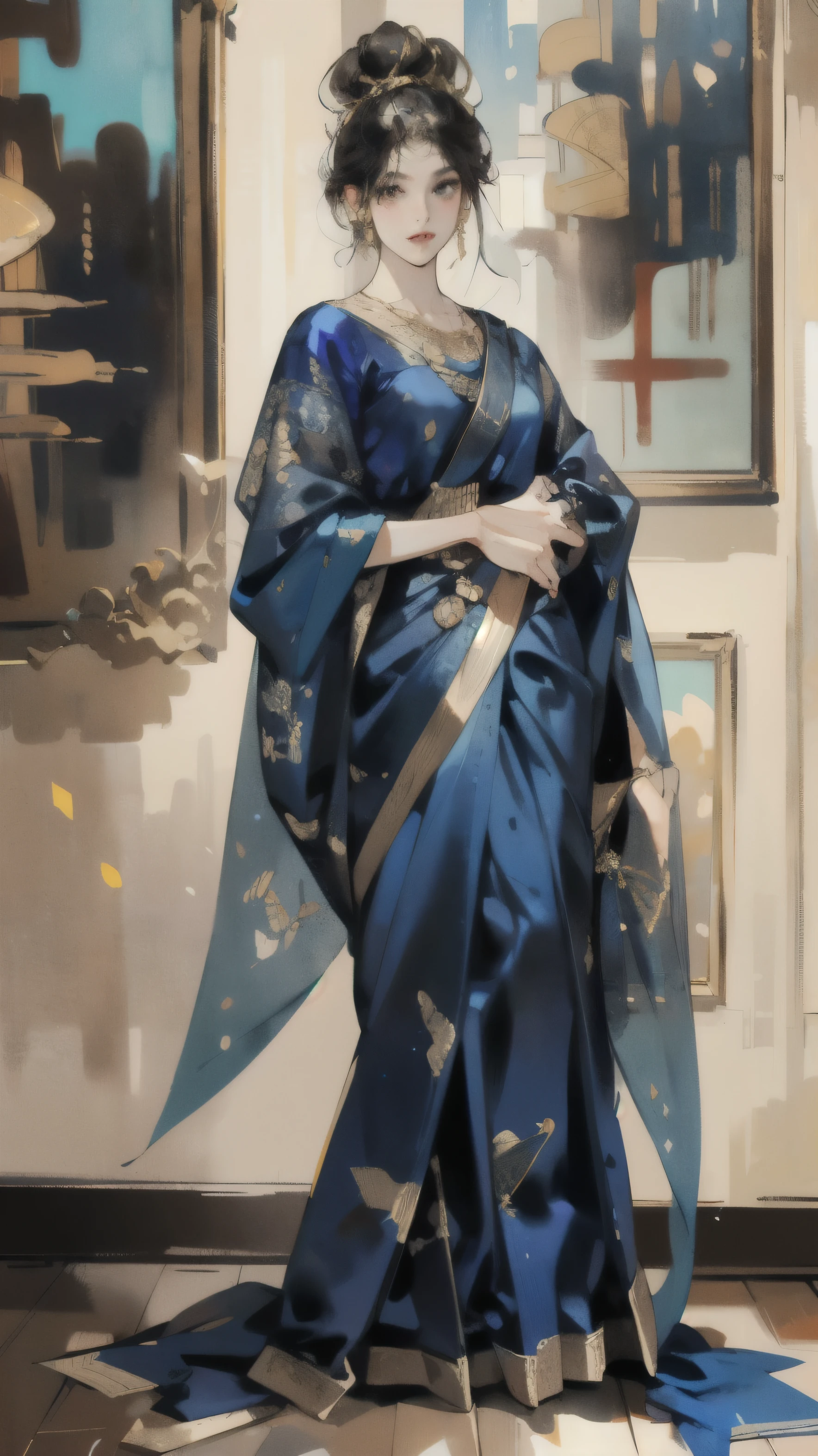 A stylized realistic illustration, best quality, full body portrait in the style of James Gurney, showcasing an elegant Indian woman with (warm brown skin:1.2), (kind eyes:1.2), and (sleek black hair:1.3) styled in a classic bun. She wears a (sapphire blue silk saree:1.4) with (intricate gold zari work:1.3) that shimmers as she moves. The saree drapes gracefully around her, accentuating her figure and creating a sense of fluid movement. She stands confidently, slightly off-center, in a (modern art gallery:1.5), surrounded by abstract paintings and sculptures. The lighting is soft and diffused, reminiscent of Gurney's portraits, highlighting the richness of the saree's color and the intricate details of the zari work. The linework is smooth and flowing, with a subtle suggestion of brushstrokes, capturing the elegance and grace of the subject. The overall mood is one of sophisticated beauty, confidence, and timeless elegance. Keywords: Indian woman, warm brown skin, kind eyes, sleek black hair, classic bun, sapphire blue silk saree, intricate gold zari work, fluid movement, modern art gallery, abstract paintings, sculptures, soft diffused lighting, smooth linework, sophisticated beauty, confidence, timeless elegance, full body portrait. Art styles: James Gurney, Art Deco, Impressionism Additional parameters: --ar 3:2 --zoom 1.8 --style expressive --lighting soft
