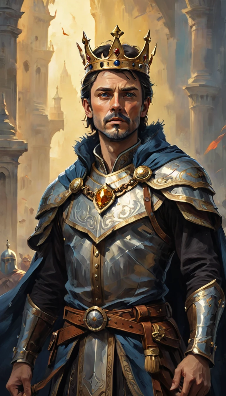 (a portrait of a king with a crown, male), fantasy style, illustration, male, (best quality,4k,8k,highres,masterpiece:1.2),ultra-detailed, natural lighting, dramatic shadows,majestic,ornate crown,flowing cape,piercing eyes,angular facial features,intricate armor,medieval,fantasy landscape background,dramatic colors,rich textures,volumetric lighting, imponent, (front view, looking at the viewer, 40 years old man, man:1.3)