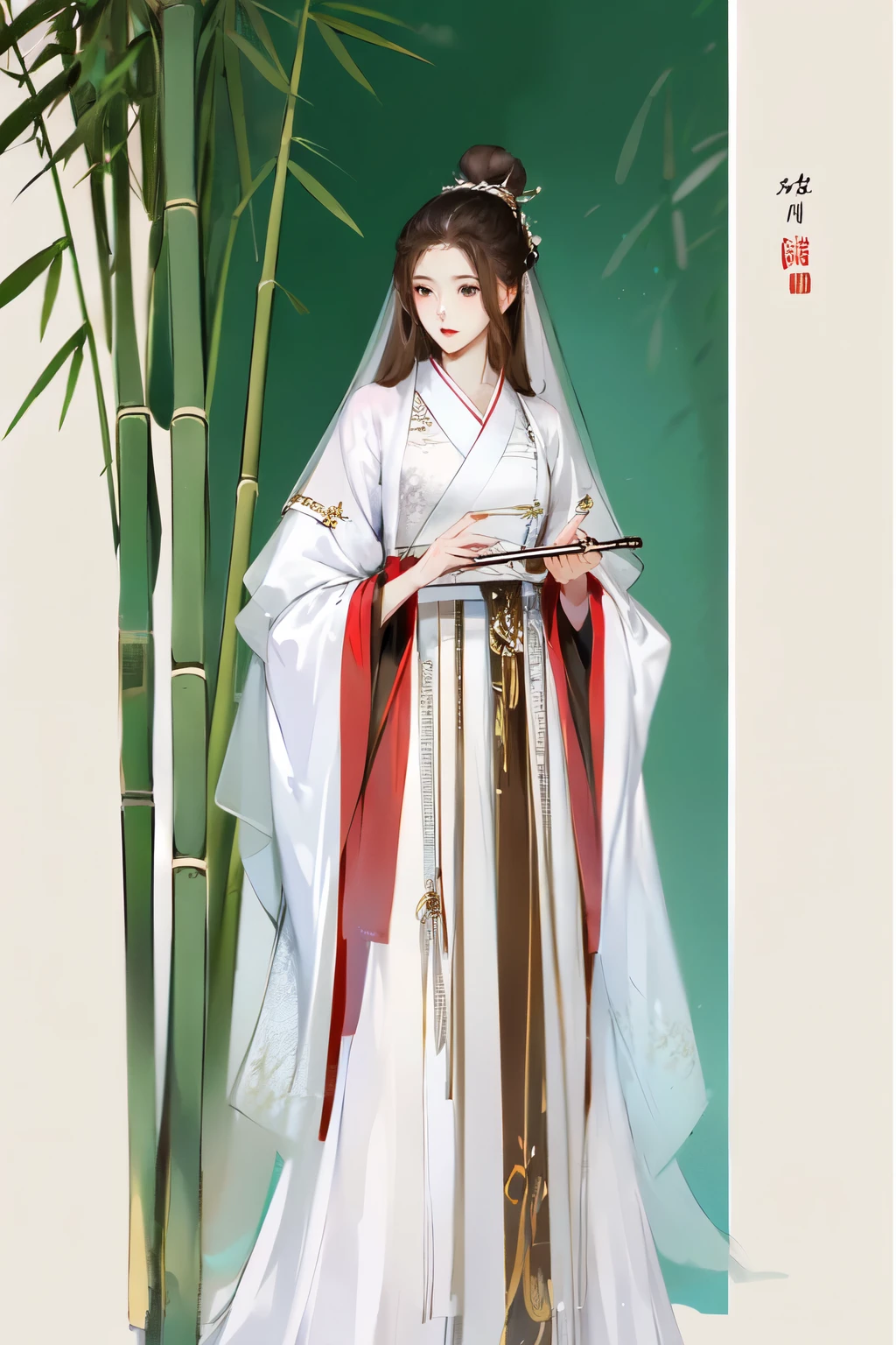 -Hanama wine, 1girl, solo, bamboo, flute, dress, chinese clothes, long hair, hanfu, holding, black hair, instrument, long sleeves, hair bun, white dress, hair ornament, veil, brown hair, single hair bun,anime,