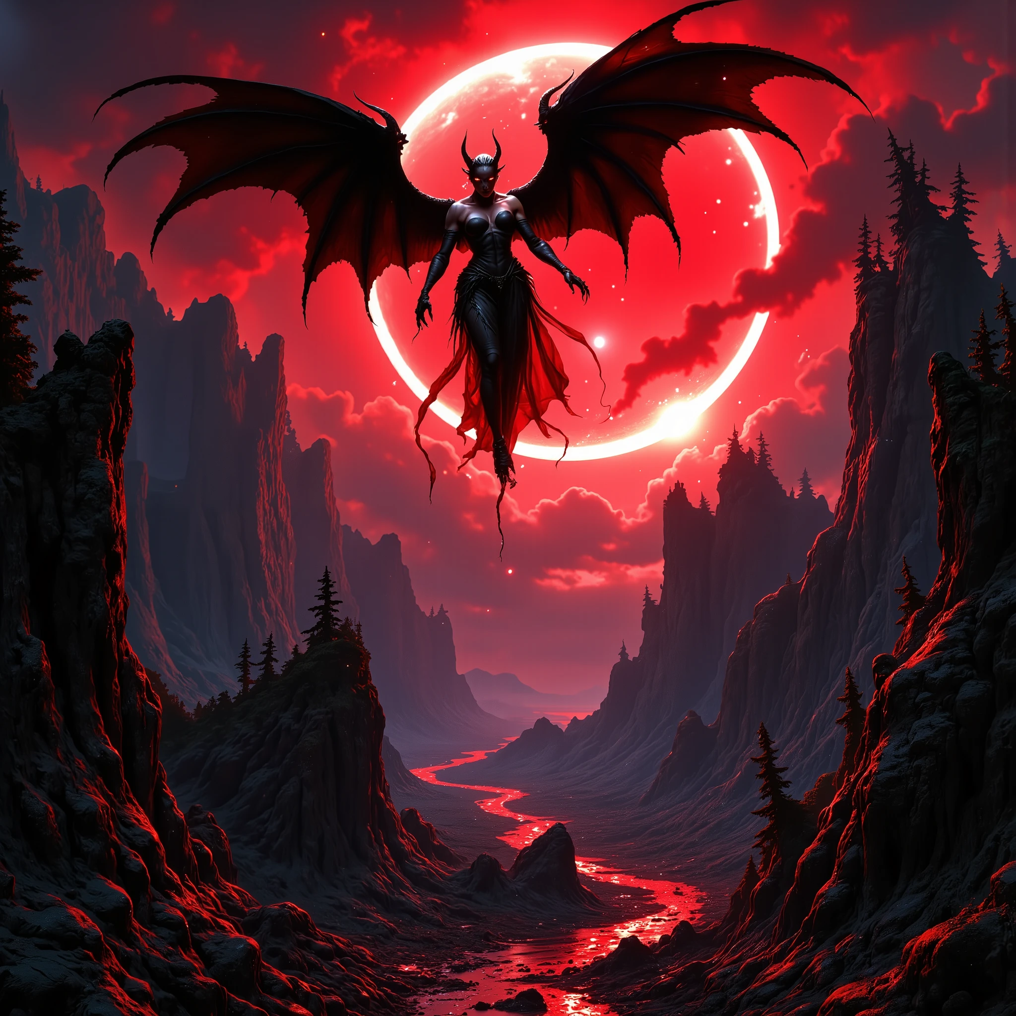Under a red solar eclipse ,  a demonic-looking female angel seen up close but with a full body, Fly with majestic black wings and dark horns ,  dressed in dark clothes .  The eclipse ,  of realistic size but clearly visible above the demon ,  bathes the scene in sinister light .  The landscape below reflects this darkness ,  with a desolate forest tinged with red and black ,  twisted trees and deep shadows that spread over the ground . at a distance,  imposing mountains rise against the sky ,  while rivers of lava bubble menacingly .  The environment conveys a sense of imminent danger and accentuated ill omen ,  Because of the sinister light of the eclipse that bathes everything in an aura Apocalyptic .