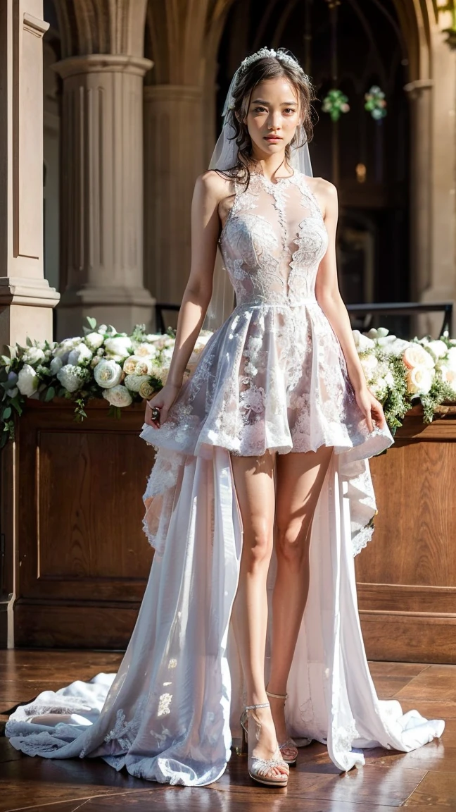 A beautiful young Japanese woman, 26 years old, with healthy thighs, beautiful legs, flawless skin, random hair color and style, large breasts, wearing a (wedding dress:1.3), (she is standing:1.2), full body shot, high heels, holding a bouquet in her hands, in a church setting, (best quality,8k, masterpiece:1.3), (extremely detailed:1.2), perfect anatomy