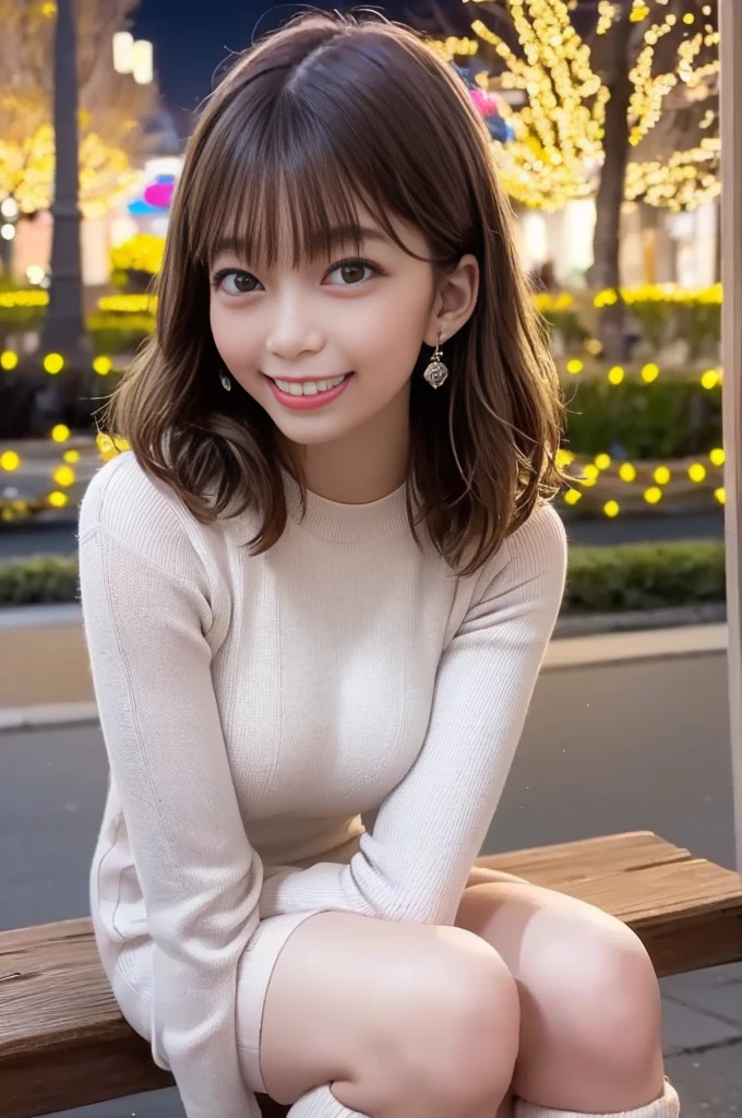 ( white knit tight mini dress、 Knee High Heel Boots 、 fishnet tights)、( 1 21-year-old girl 、Medium breast、 slender body 、Earrings、 upper body red 、smile)、(crossed leg、Sit on a wooden bench)、((The tree-lined street at night 、Arch of dazzling light with lights on trees、Bokeh))、 Masterpiece:1.3、Raw photo quality、 top quality 、 Ultra Detailed Description :1.3、 detailed background、