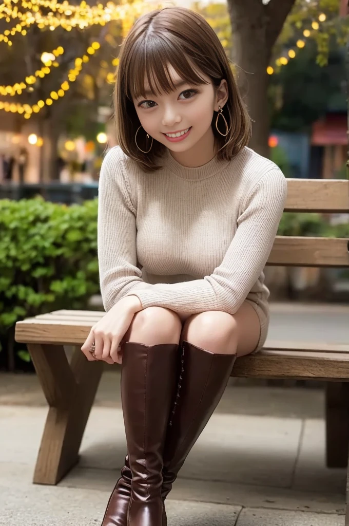 ( white knit tight mini dress、 Knee High Heel Boots 、 fishnet tights)、( 1 21-year-old girl 、Medium breast、 slender body 、Earrings、 upper body red 、smile)、(crossed leg、Sit on a wooden bench)、((The tree-lined street at night 、Arch of dazzling light with lights on trees、Bokeh))、 Masterpiece:1.3、Raw photo quality、 top quality 、 Ultra Detailed Description :1.3、 detailed background、