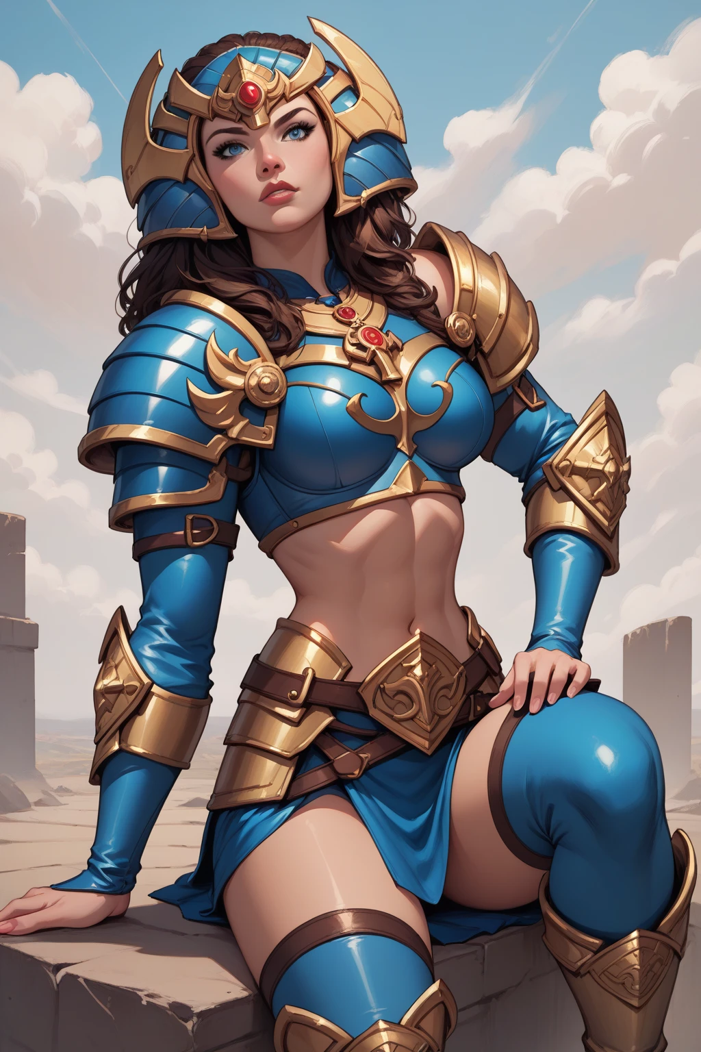 score_9, score_8_up, score_7_up, masterpiece, high quality, BREAK
A Greek goddess in robust blue armor wears a short brown leather skirt, armor boots, armor shoulder gauntlet, her ares style helmet with mane, she is in the underworld