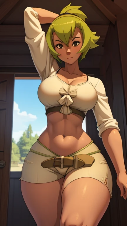 Amalia green hair big brunette short white blouse medium breasts healed abdomen thick thighs Big sexy white shorts in front of the bedroom 3D fazendo pose sensual coxas grossas