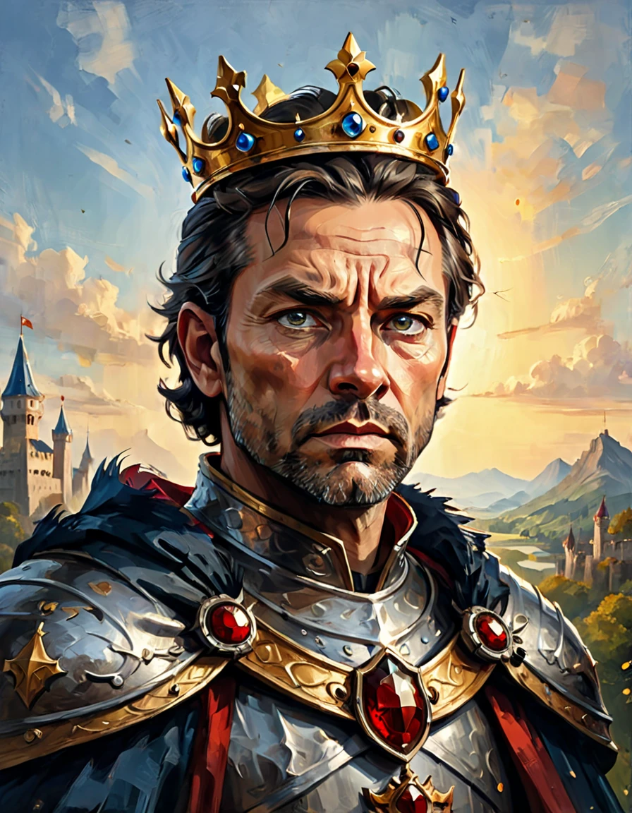 (a portrait of a king with a crown, male), fantasy style, illustration, male, (best quality,4k,8k,highres,masterpiece:1.2),ultra-detailed, natural lighting, dramatic shadows,majestic,ornate crown,flowing cape,piercing eyes,angular facial features,intricate armor,medieval,fantasy landscape background,dramatic colors,rich textures,volumetric lighting, imponent, (front view, looking at the viewer, 40 years old man, man:1.3)