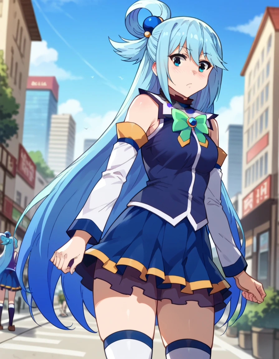 score_9, score_8_superior, score_7_superior, sauce_anime,
KonoSubaAqua, Aqua \(KonoSuba\), Long Hair, blue eyes, hair ornaments, very Long Hair, Blue Hair, Hair Ring, シングルHair Ring, Hair ties,
skirt, shirt, Knee socks, Bare shoulders, Removable sleeves, white Knee socks, blue skirt, blue shirt, Green ribbon,
Outdoor, Cityscape, I had already finished,
View your viewers, Cowboy Shot, Dutch Angle,