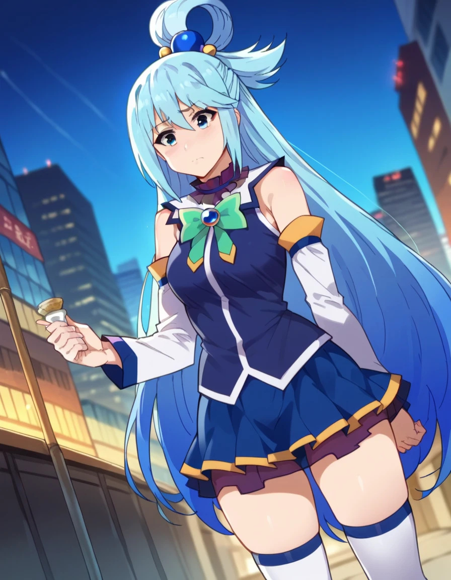 score_9, score_8_superior, score_7_superior, sauce_anime,
KonoSubaAqua, Aqua \(KonoSuba\), Long Hair, blue eyes, hair ornaments, very Long Hair, Blue Hair, Hair Ring, シングルHair Ring, Hair ties,
skirt, shirt, Knee socks, Bare shoulders, Removable sleeves, white Knee socks, blue skirt, blue shirt, Green ribbon,
Outdoor, Cityscape, I had already finished,
View your viewers, Cowboy Shot, Dutch Angle,