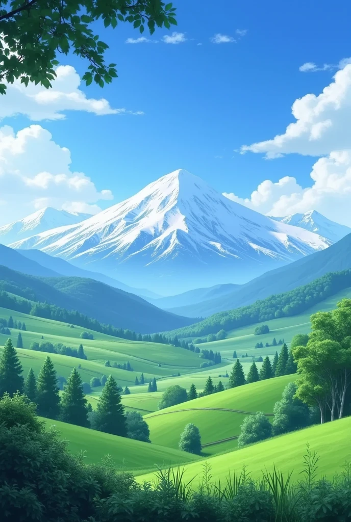 a tranquil anime-style countryside landscape, rolling hills, majestic mountains in the background, fluffy clouds, (best quality,4k,8k,highres,masterpiece:1.2),ultra-detailed,(realistic,photorealistic,photo-realistic:1.37),dramatic lighting,vivid colors,serene atmosphere,beautiful detailed scenery,picturesque rural setting,lush greenery,dramatic sky,highly detailed landscape,atmospheric scene,intricate background elements