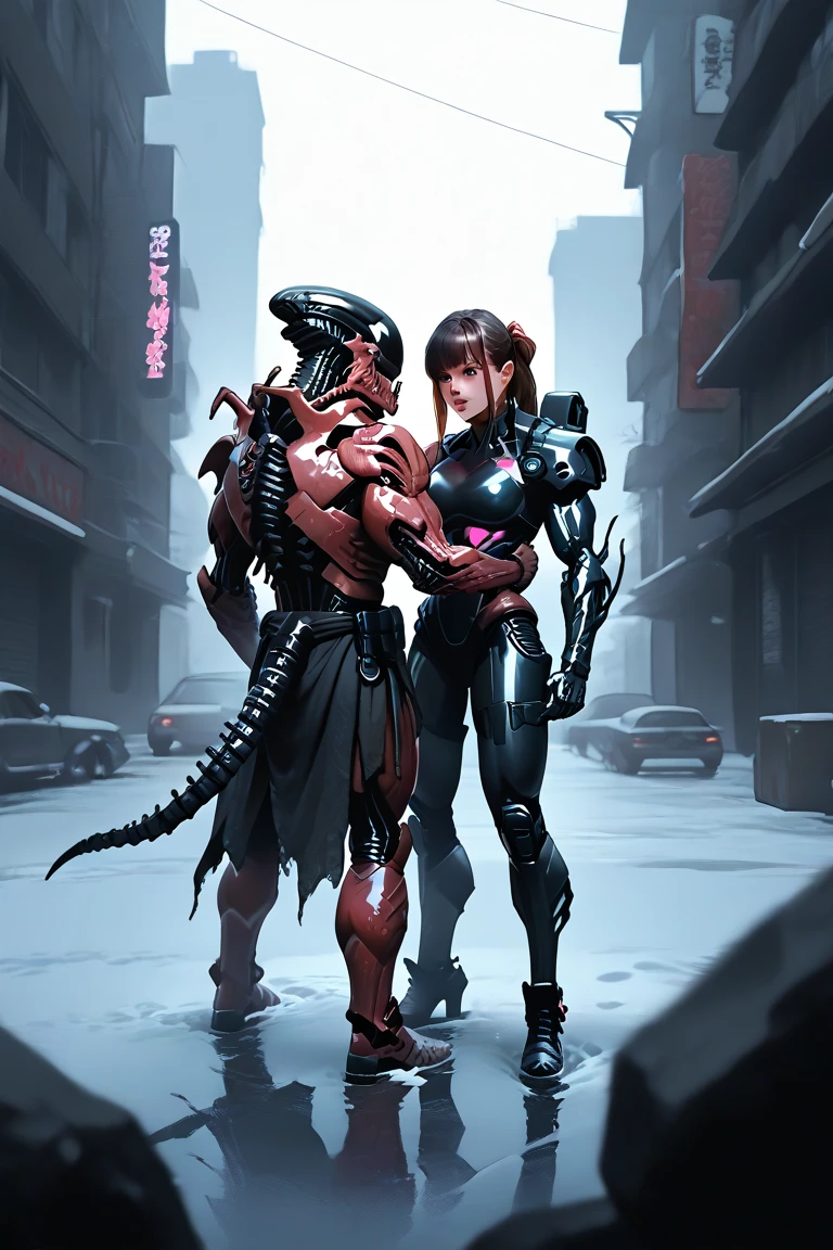 Anime Comic poster Cyberpunk Poster Xenomorph-Cyborg Female Hug with Predator-Cyborg Filigree 4K UHD