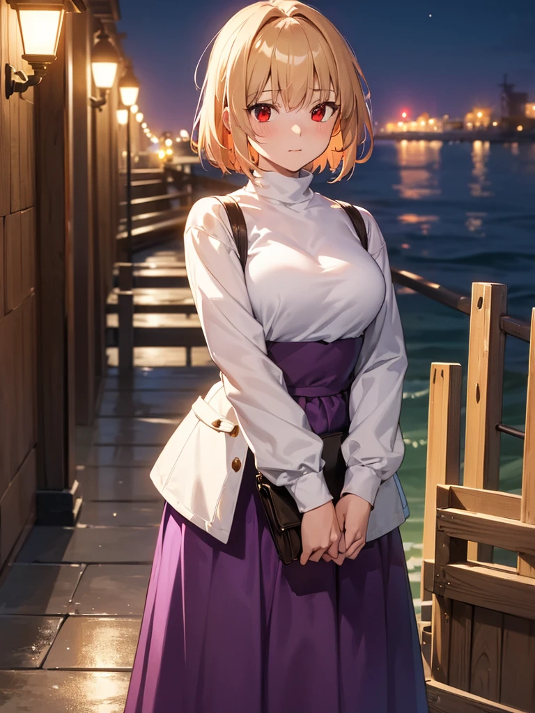 (​masterpiece, top-quality, hight resolution, Unity 8k, extremely details CG:1, Best Picture), arcueid brunestud, blonde hair, (red eyes:1.5), short hair, ahoge, long skirt, (((purple skirt))), sweater, turtleneck, white sweater, large breasts, "A mysterious and beautiful woman standing under the dim light of a street lamp at a quiet harbor at night. The faint glow reflects off the calm water, and cargo crates are stacked nearby. She wears a long coat over a sleek dress, her hair gently tousled by the sea breeze. Her expression is both serene and inviting, as if waiting for someone special or sharing a secret rendezvous. She gazes toward the viewer, a slight smile playing on her lips, one hand tucked into her coat pocket while the other holds a small, unassuming bag. The air feels cool and heavy with the sounds of distant waves."