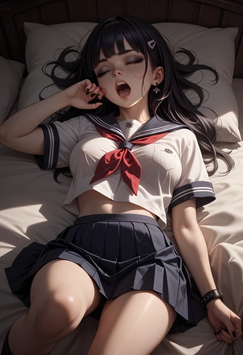 Small little younger pre-teen short goth sister with medium perky breasts yawning in bed relaxing   school uniform