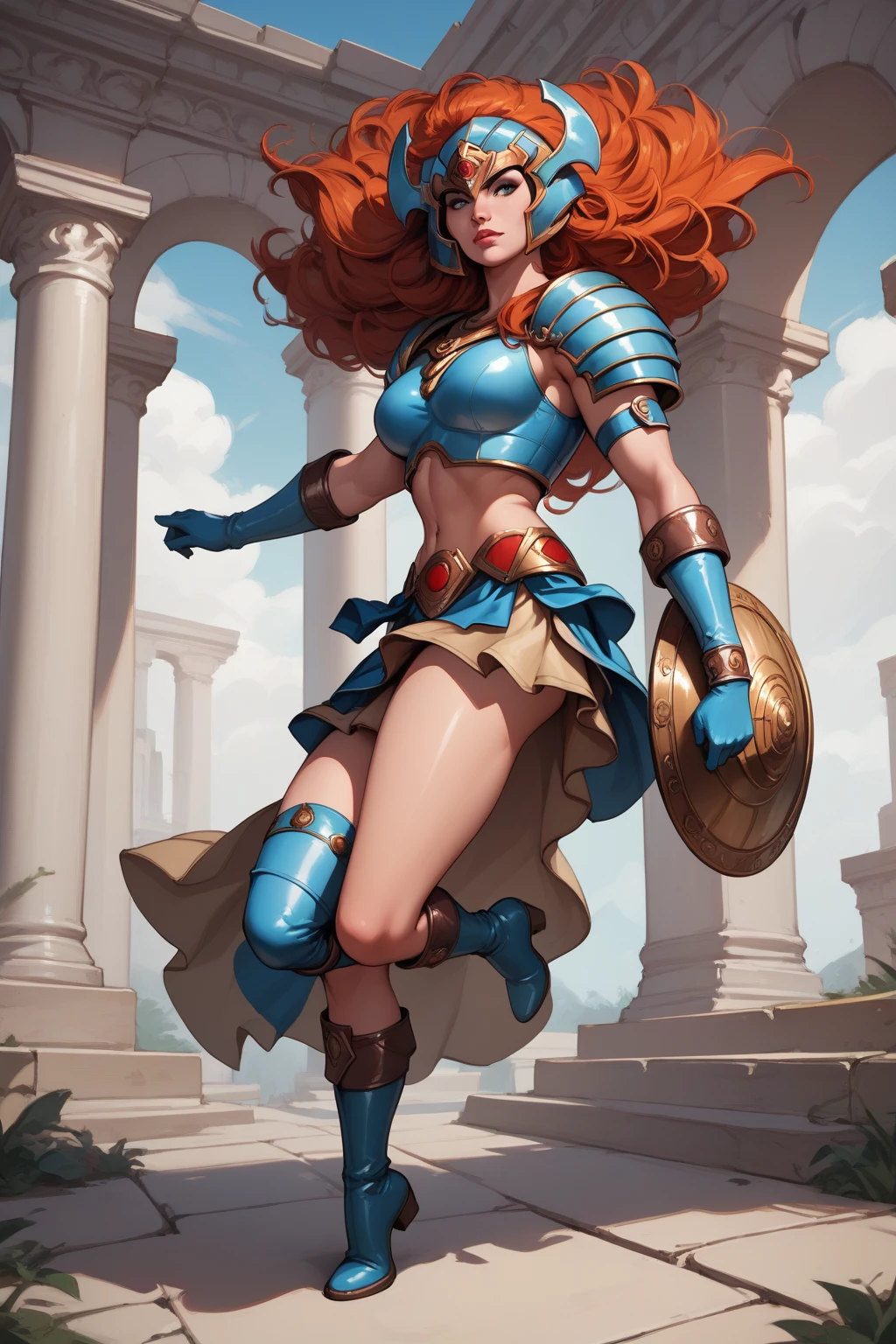 A Greek goddess in light blue armor short brown leather skirt, boots, gauntlet, her ares style helmet with mane, she
She's a redhead, she's in the underworld