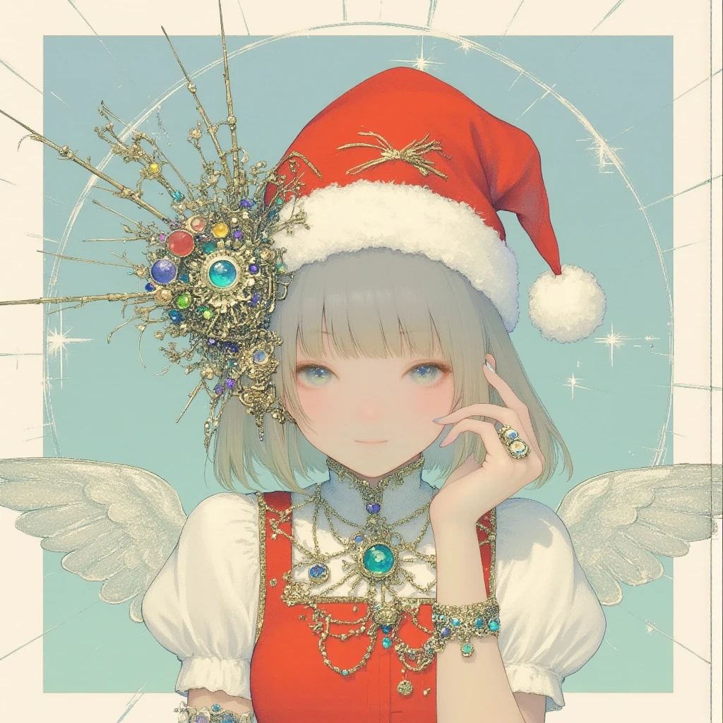 christmas meme, red hat, complex accessory ,cyan tone, light blue color, kawaii anime, cute illustration, creative art, digital art, stylize anime, pastel color, glitter particles, soft color, bright, angelic atomosphere, 