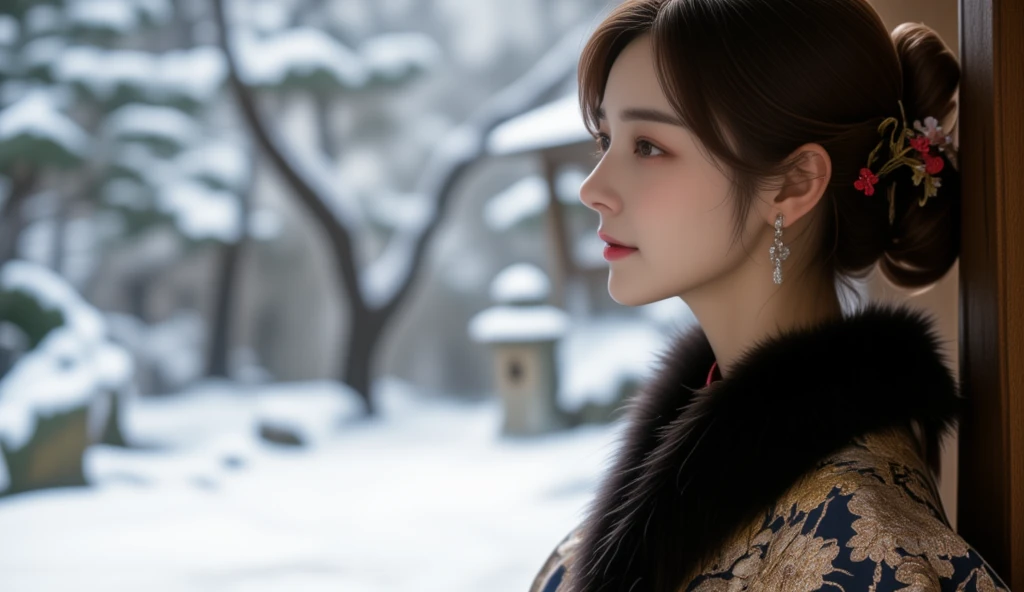 A hyper-realistic and cinematic depiction of a serene Japanese winter landscape, captured from a close-up, mid-body perspective. The snowy garden outside an old Japanese mansion unfolds like a traditional painting, featuring snow-covered black pine trees and a stone lantern standing silently amidst the untouched white ground. Delicate powder snow gently falls, sparkling as it catches the faint winter light, creating an atmosphere of quiet beauty and stillness.

In the foreground, a Japanese woman is positioned in a half-body shot, leaning against the wooden wall of the corridor. Her elegant yukata is adorned with intricate gold and silver floral patterns, featuring chrysanthemums and plum blossoms in rich indigo blue, with a black mink fur muffler around her neck for warmth. Her face is in sharp profile, showcasing her delicate features, calm and contemplative expression, and flawless porcelain skin. The soft, natural light highlights the textures of her attire and the strands of her neatly styled black hair, which is adorned with traditional hairpins. This balanced composition captures both the woman's graceful presence and the serene winter scenery, harmonizing elegance and nature.