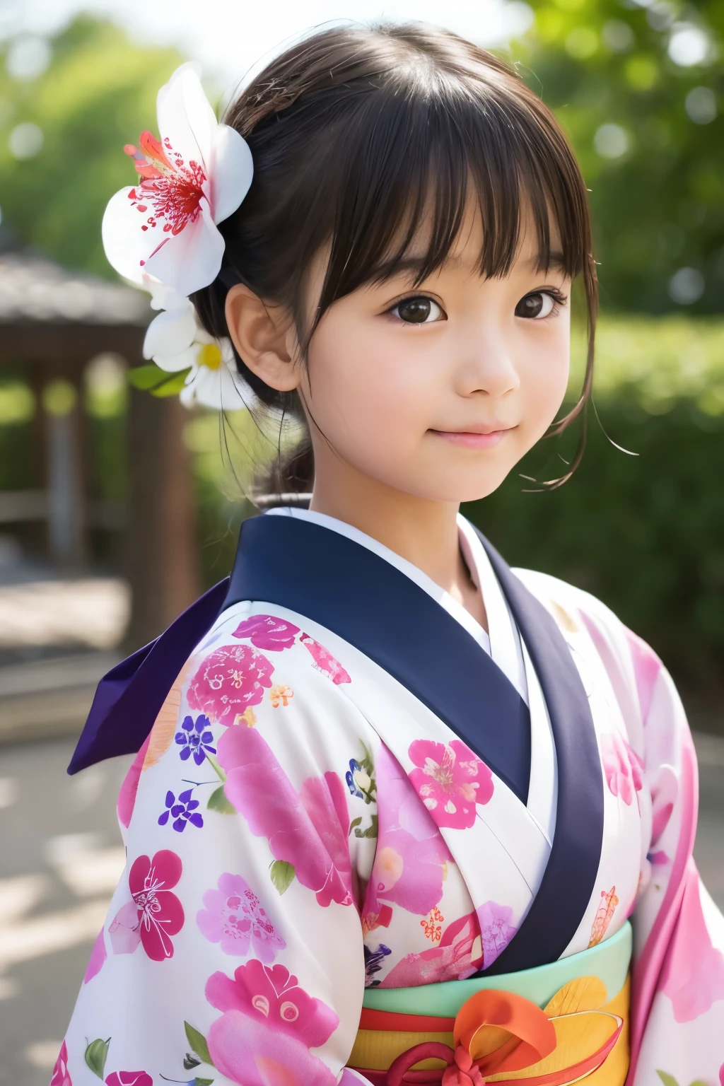 A beautiful  elementary school student, one girl, Kimono with 花 pattern、Bust Shot、I&#39;m drinking tea and relaxing、Highest quality、Hair is black and in a ponytail、smiling, I'm drinking steaming greentea,bust up, She is posing with red maples in the background, squats,Dancing 