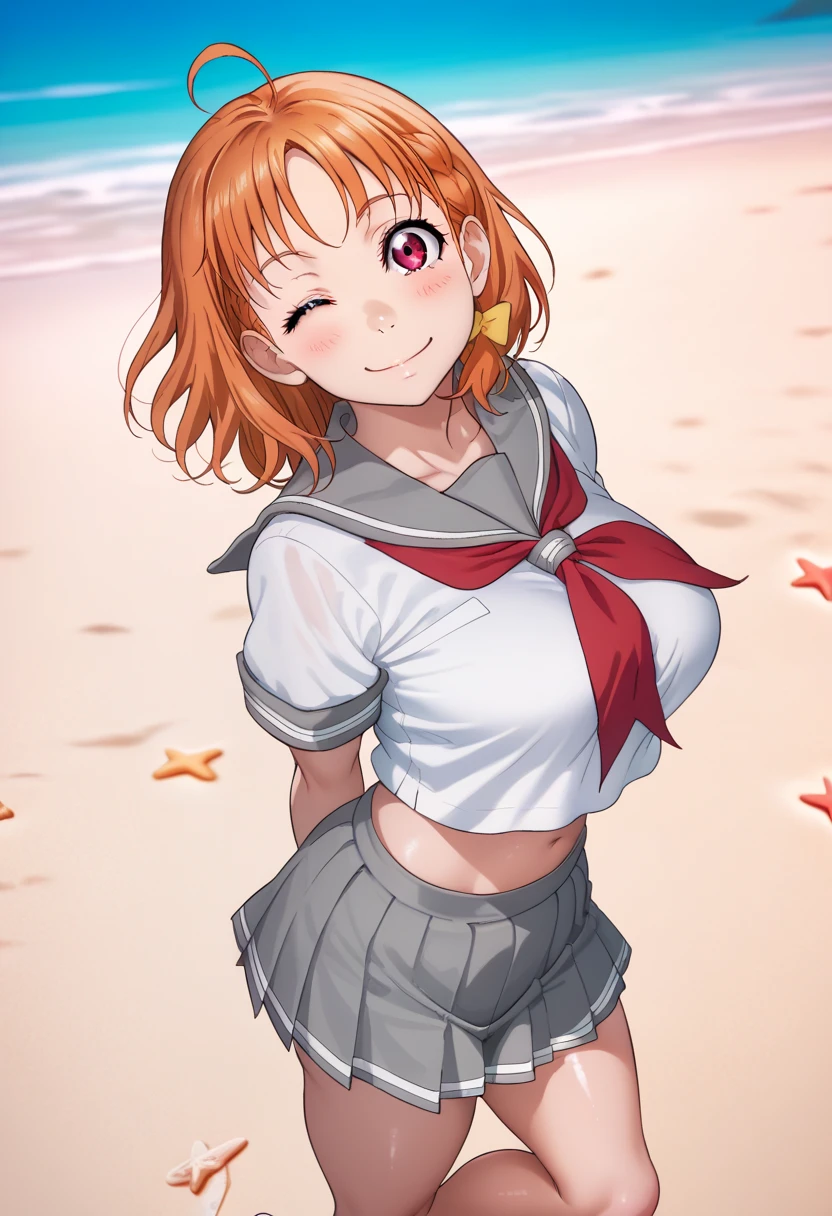 1girl, takami chika, medium hair, orange hair, standing, sporty athletic build, sharp lines, vibrant colors, big breasts, breasts outlines, RUKIA Style, shiny skin, ahoge, blush, braid, grey sailor collar, grey skirt, looking at viewer, miniskirt, pleated skirt, red eyes, red neckerchief, sailor collar, serafuku, shirt, short sleeves, side braid, smile, solo, split mouth, summer uniform, uranohoshi school uniform, white shirt, yellow bow, standing on beach, playful pose, ish pose, light breeze, flowing hair, flowing clothes, beach setting,arms behind back,one eye closed, midriff, top fittings on breasts