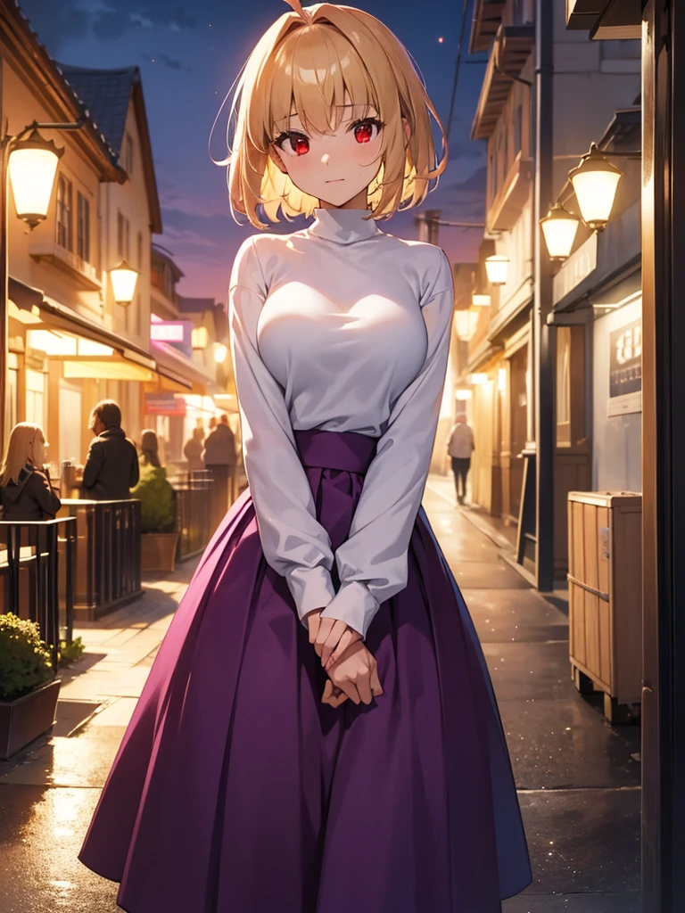 (​masterpiece, top-quality, hight resolution, Unity 8k, extremely details CG:1, Best Picture), arcueid brunestud, blonde hair, (red eyes:1.5), short hair, ahoge, long skirt, (((purple skirt))), sweater, turtleneck, white sweater, large breasts, "A mysterious and beautiful woman standing under the dim light of a street lamp at a quiet harbor at night. The faint glow reflects off the calm water, and cargo crates are stacked nearby. She wears a long coat over a sleek dress, her hair gently tousled by the sea breeze. Her expression is both serene and inviting, as if waiting for someone special or sharing a secret rendezvous. She gazes toward the viewer, a slight smile playing on her lips, one hand tucked into her coat pocket while the other holds a small, unassuming bag. The air feels cool and heavy with the sounds of distant waves."