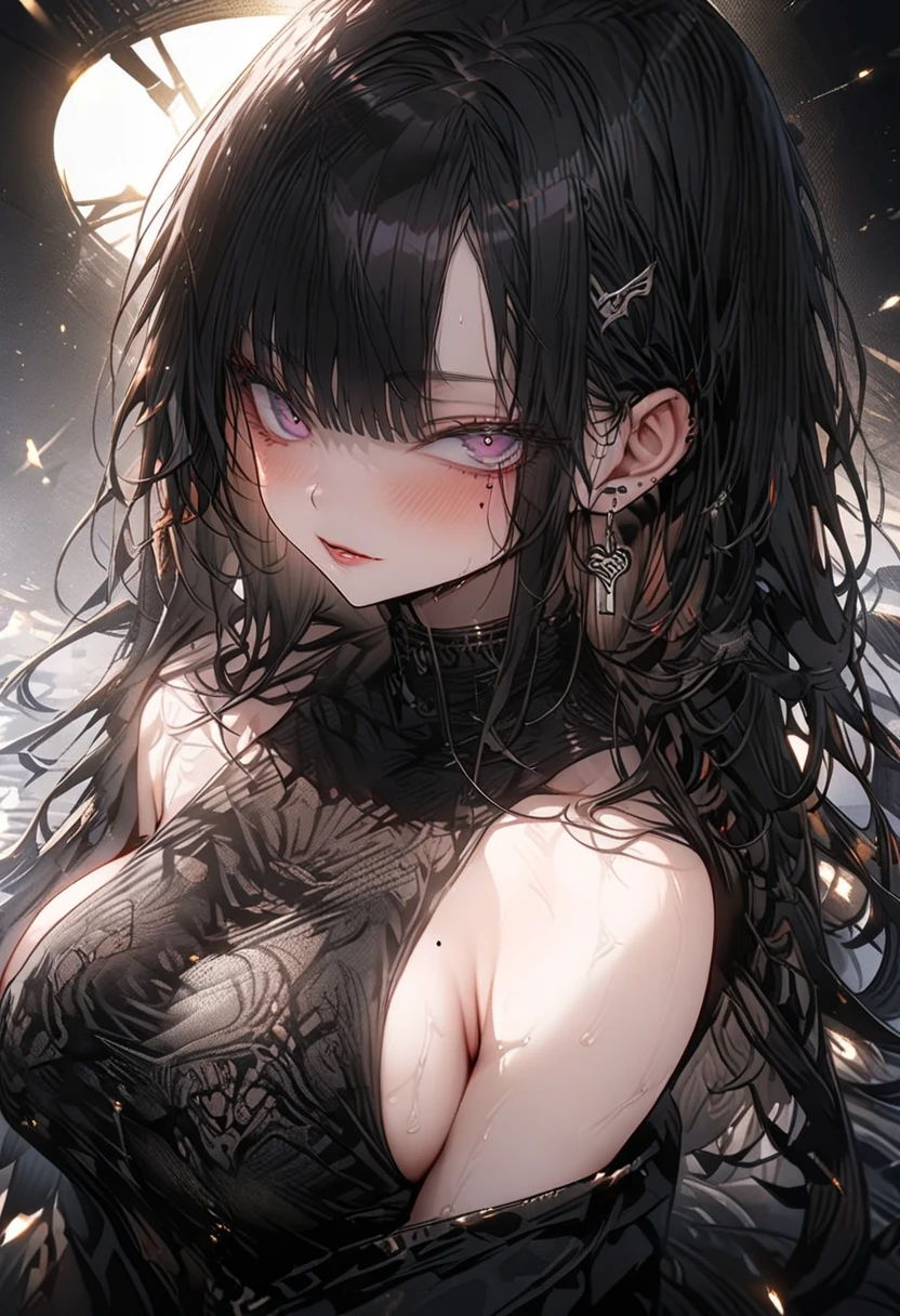 ((Background made up of chains and flowers))、scribble, nightmare, doll-like face, Manga style, rough sketch, Horror elements, (masterpiece), (High resolution), (very delicate), (clear), Manga style illustration, (drawing style), Japanese painting, My whole body is scary, (spooky), Japan sculpture,crazy illustration, Flat Illustration, spookyな外観, Characteristic hairstyle, Unique atmosphere、Small eyes、(Flat Chest), ((Muddy hair)),chain wrapped around body、(Stitched Body))、Open your arms,Skin full of stitches,restrained by thick chains、Colorful clown costumes、knifeを持っている、knife