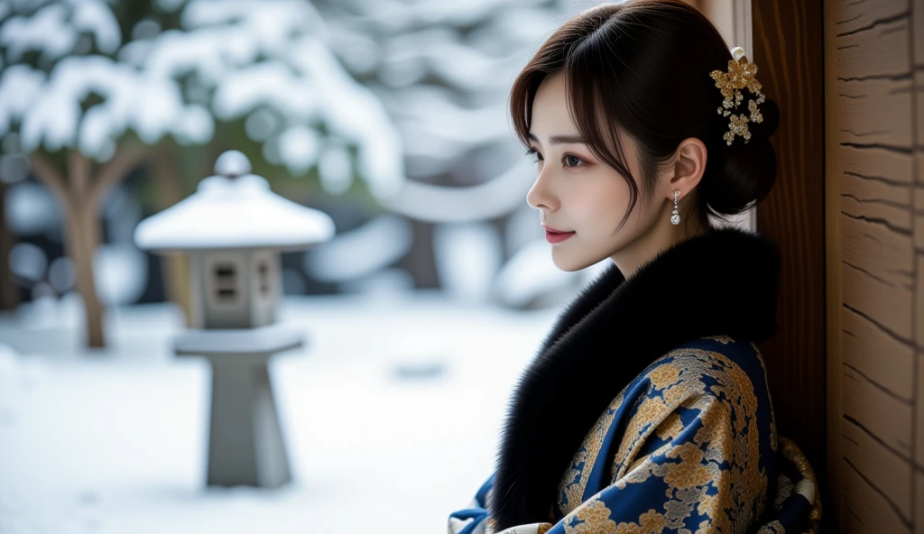 A hyper-realistic and cinematic depiction of a serene Japanese winter landscape, captured from a close-up, mid-body perspective. The snowy garden outside an old Japanese mansion unfolds like a traditional painting, featuring snow-covered black pine trees and a stone lantern standing silently amidst the untouched white ground. Delicate powder snow gently falls, sparkling as it catches the faint winter light, creating an atmosphere of quiet beauty and stillness.

In the foreground, a Japanese woman is positioned in a half-body shot, leaning against the wooden wall of the corridor. Her elegant yukata is adorned with intricate gold and silver floral patterns, featuring chrysanthemums and plum blossoms in rich indigo blue, with a black mink fur muffler around her neck for warmth. Her face is in sharp profile, showcasing her delicate features, calm and contemplative expression, and flawless porcelain skin. The soft, natural light highlights the textures of her attire and the strands of her neatly styled black hair, which is adorned with traditional hairpins. This balanced composition captures both the woman's graceful presence and the serene winter scenery, harmonizing elegance and nature.