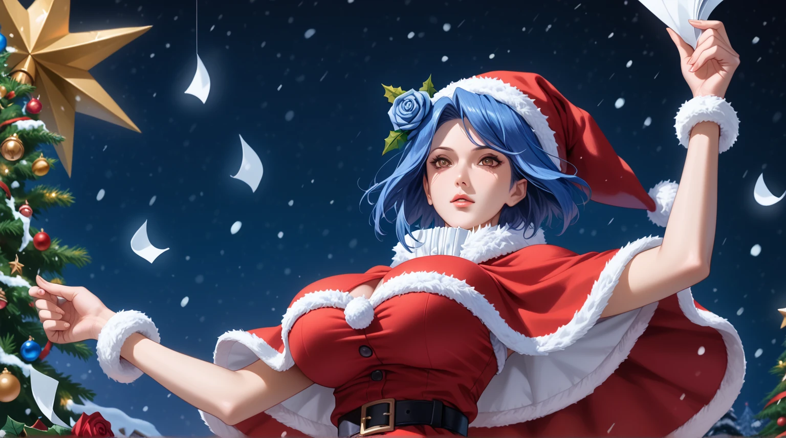 score_9,score_8_up,score_7_up,high res image,masterpiece,best quality,Delicate face,zmzq ,Expressiveh,figure,完美figure,The woman \(Naruto\),(Short hair,blue hair, hair_ ornament , brown eyes,rose,hair_good,:1.2),(big breasts:1.2),(santa_hat, capelet ,santa_costume,white blouse,skirt,White suspender stockings,snow_boots,:1.3),(shanty town/Slum,christmas_tree,night,:1.2),(:d:1.2),(paper, in the air:1.3),(from_below:1.2),