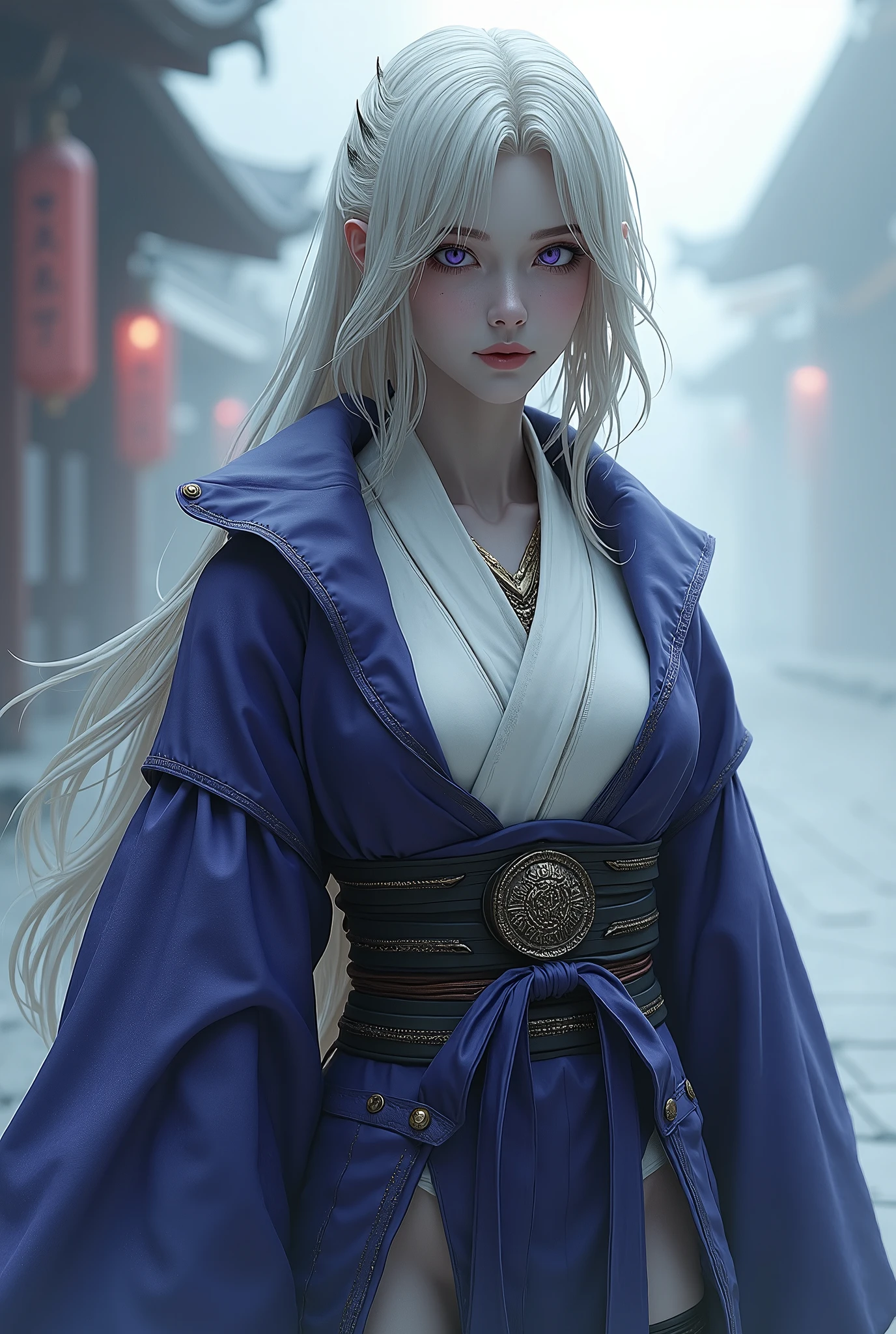 Assassin female android, drow japanese yukata chest covered, smile, Gray skin, garter belt,  pale golden hair and violet eyes. She prefer's clothing of white and silver with cloaks of deep blue or purple, grey smoke mist background, in mysterious Japan, huge knockers, very precise detailed,