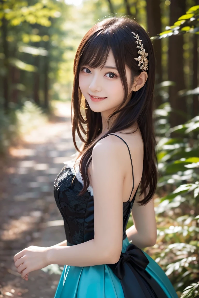  wearing a blue dress with a long skirt,   Japanese idol 、Full dress,  fantasy dress,  Elegant and Attractive Cosplay , Japanese model wearing fantasy style formal attire ,  black shimecut hairstyle,  looking at camera、Detailed and beautiful eyes、 cute smile、 soft and gentle expression 、The background is a deep forest