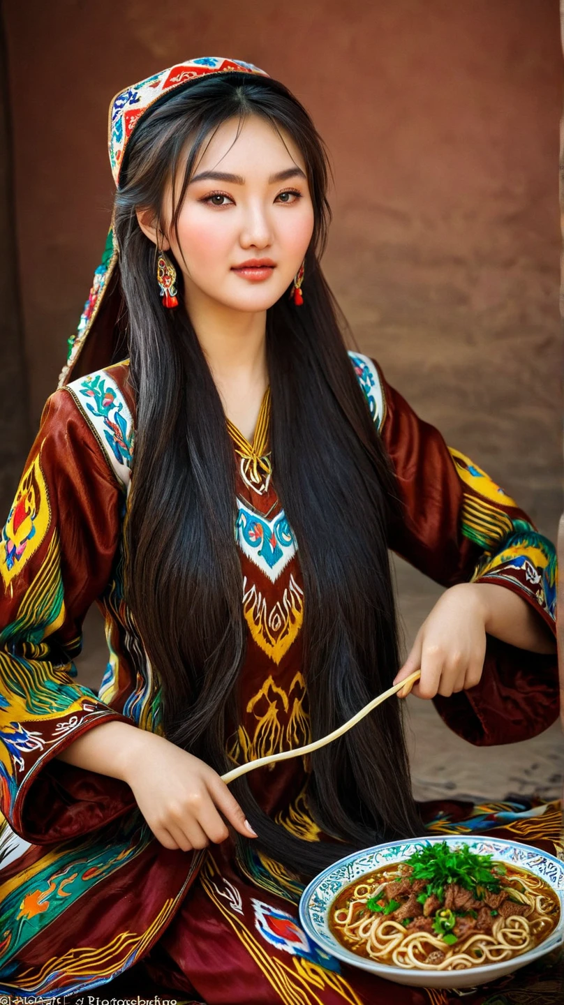 The photograph shows a young Kazakh woman, approximately 25 years old. Long flowing hair that beautifully frames her face. She is dressed in traditional Kazakh clothing without panties, she has a hairy overgrown groin, a hairy overgrown pussy, a hairy overgrown pubis, which clearly emphasizes her ethnicity and cultural heritage. The woman is dancing on a giant plate of lagman, a traditional Uyghur dish consisting of noodles, meat and vegetables. This creates an interesting and unusual visual effect. Her anatomically correct hands fit harmoniously into the composition, creating a sense of naturalness and grace. The photograph is taken in high quality, which allows you to examine in detail the texture of the clothing and the model's facial expression, conveying an atmosphere of coziness and tradition. exposing her beautiful breasts, clearly emphasizing her ethnicity and cultural heritage. Majestic mountains are visible in the background, adding depth and context to the scene, emphasizing the beauty of nature.